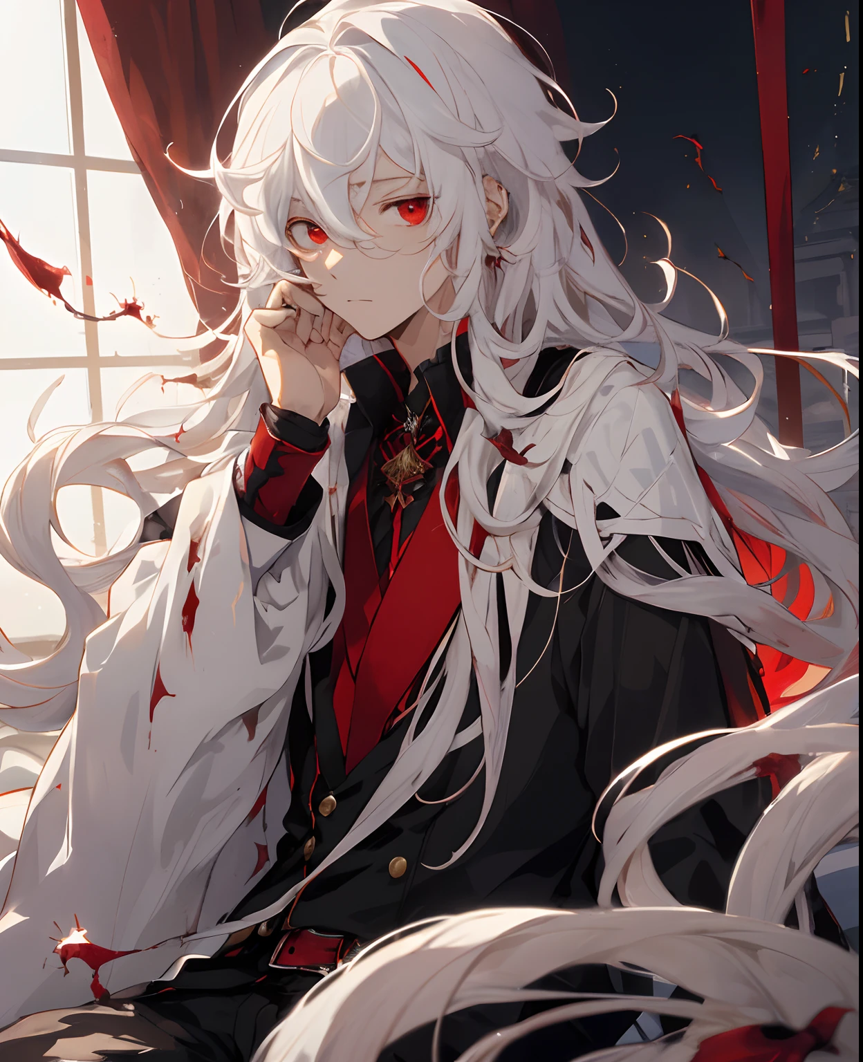 （tmasterpiece，Best quality at best，high high quality），1boys，（（unfazed by）），sitted，looking at viewert，White hair，（long whitr hair，messy  hair），red eyes，:(，floated hair ，Libido boy，There are wounds on the body