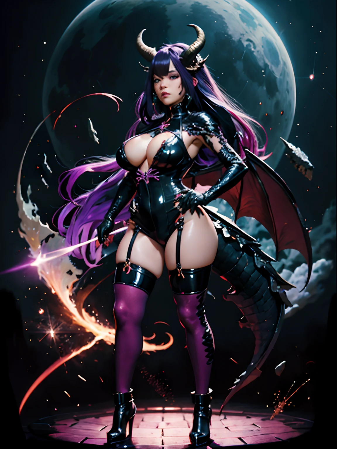 Dragon girl, black and white, black and purple hair, purple eyes, dual set of horns, busty, body suit, stockings, sharp nails, standing, full body shot