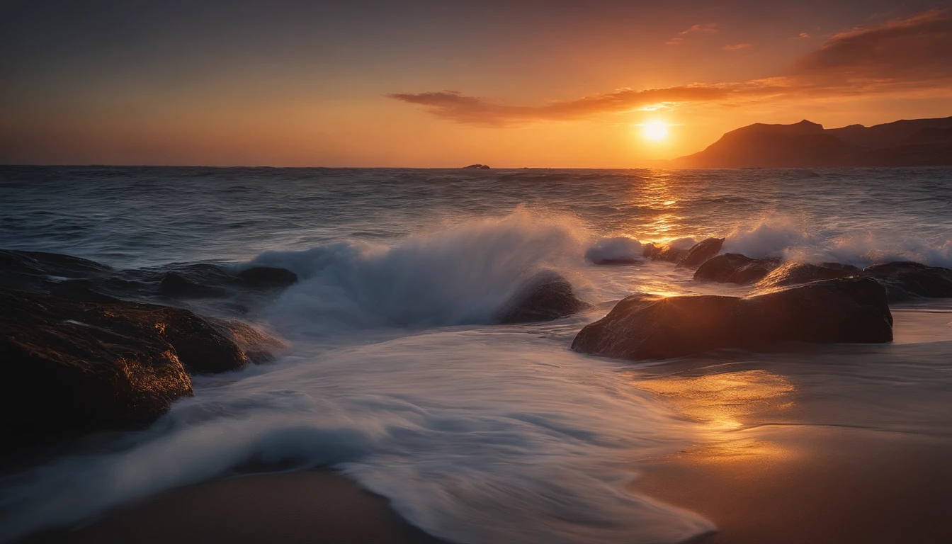 arafed view of a sunset over the ocean with waves crashing, chaotic sea setting, vibrant sunrise, breathtaking colors, breathtaking look, vibrant sunset, breathtaking composition, beautiful sea landscapes, stunning sunset, magnificent background, sunset glow, beautiful background, beautiful dreamy breathtaking, marc adamus, warm beautiful scene, epic sunset, beautiful sunset, beautiful sunset glow, beautiful ocean