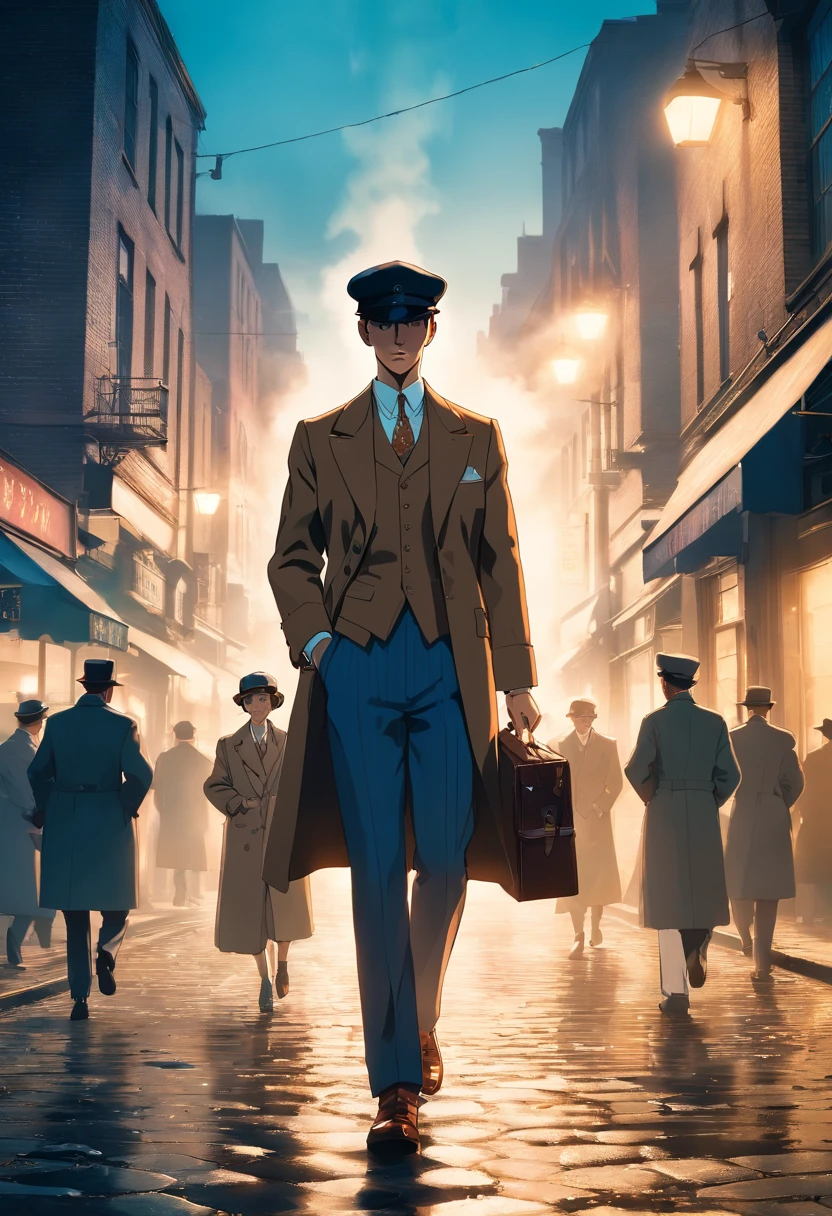 color photo of "Peaky Blinders" A gritty portrait of the Shelby family, their faces masked by shadows, showcasing their sharp suits, flat caps, and fierce expressions. The scene is set in the dimly lit streets of Birmingham, with smoke billowing from factory chimneys and cobblestone roads. The atmosphere is tense, with a hint of danger lingering in the air. The camera captures the essence of the 1920s era, bringing to life the roaring spirit of the Peaky Blinders. The photo is captured with a vintage Leica M3 camera, using Kodak Portra 400 film to enhance the rich colors and tones. The lens used is a 50mm f/1.4, allowing for a shallow depth of field and dramatic focus on the characters. Directed by Martin Scorsese, cinematography by Roger Deakins, photography by Annie Leibovitz, and fashion design by Alexander McQueen