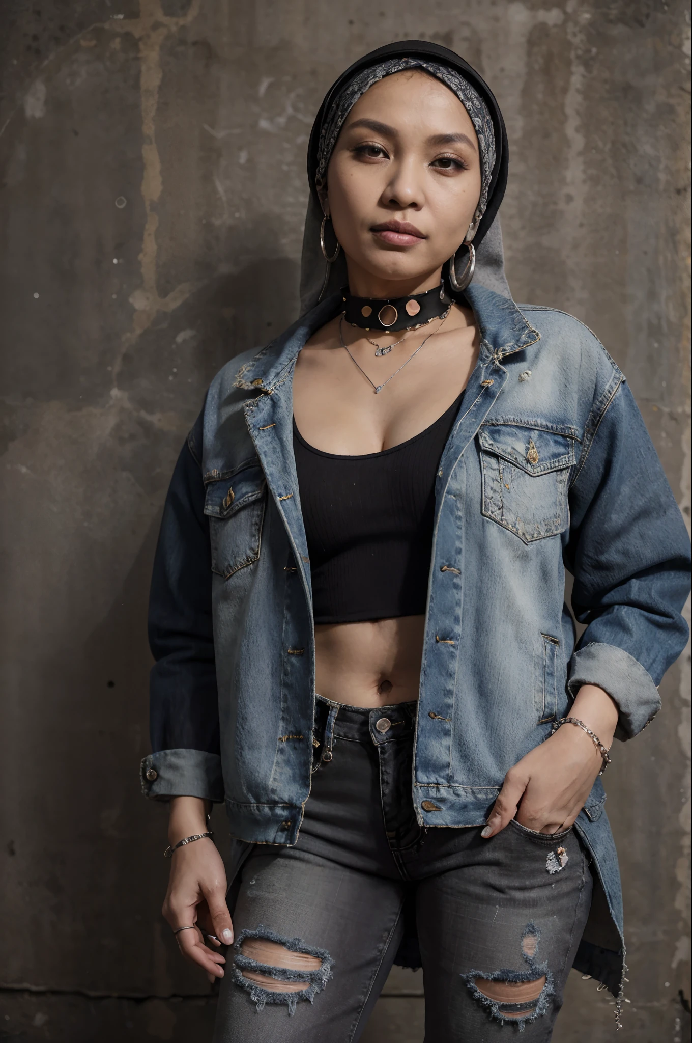 (masterpiece:1.2, best quality), (1 malay lady in hijab, solo, upper body:1.2), hijab, Clothing: oversized, distressed denim jacket with patches and pins, paired with black skinny jeans and combat boots, Accessories: silver hoop earrings and a black choker necklace, Hanging out in an underground music venue or street art exhibit