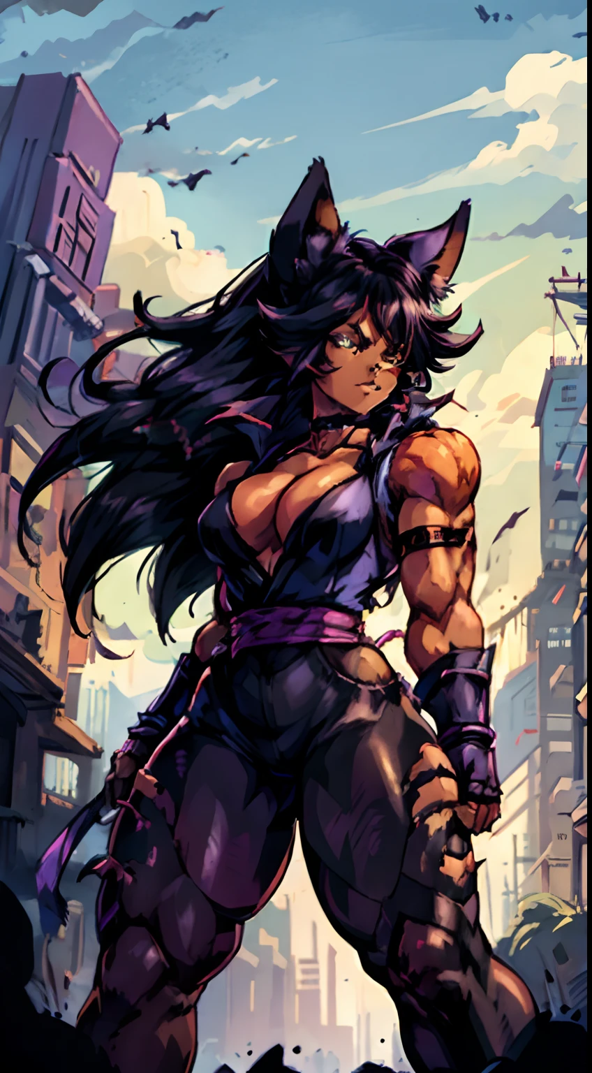 NSFW (masterpiece, best quality:1.3), highly detailed, intricate, professional art, digital art, 8K, blake belladonna, (african woman: 2.3), (dark skin: 2.8), (muscular body: 1.9), (cyberpunk complex background, outdoors:1.15), outside night club, cowboy shot, animal eyes, cat ears, cat eyes, black hair, long hair, blunt bangs, lipstick, (purple makeup:1.1), black eyeshadow, smokey ice, detailed hair, ultra detailed face, yellow eyes, perfect eyes, perfect face, (very dark skin: 1.8), african, (tail:0), (japanese clothes:1.1), (bridal gauntlets:1.1), black gloves, elbow gloves, (young female, 18 years old:1.1, dark-skinned: 2.4), Huge Breasts, cleavage. open white jacket, black sleeveless tanktop, tight black leggings underneath white denim shorts, ripped shorts.