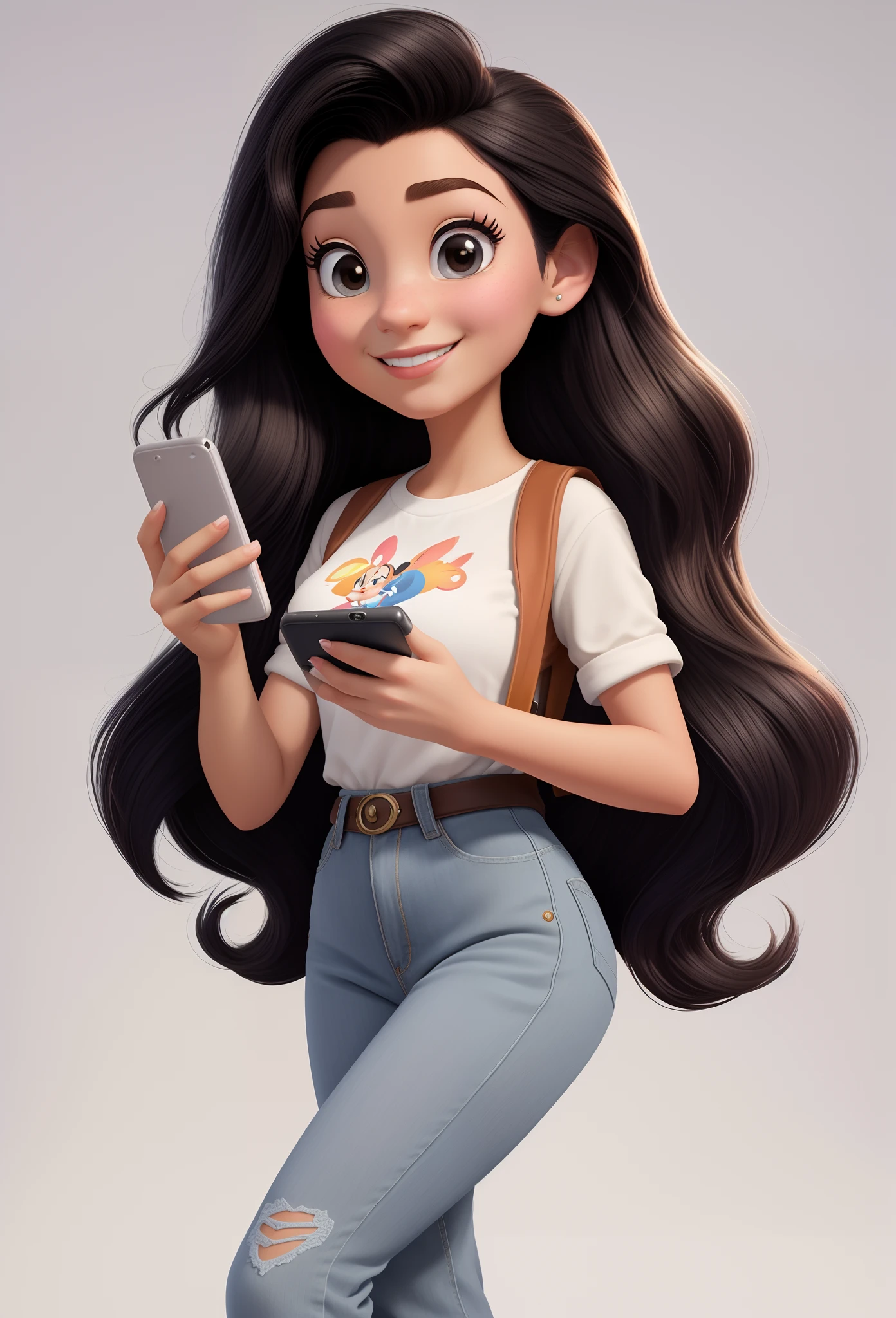 de Araffe com cabelo preto longo segurando um telefone celular, disney render, promotional render, personagem disney, she is holding a smartphone, estilo de personagem disney, Arnold Maya render, official illustration, official rendering, Disney fotorrealista, personagem de desenho animado, pixar retrato 8 k foto, Artista Disney, animation character, render de mirabel madrigal, character is in her natural pose