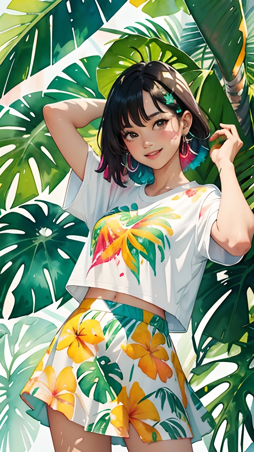 a tropical painting with a splatter background and spray paint effect, mangoes and leaves design t-shirt and white skirt, woman upper body centered, multi-color hair, big happy smile, watercolor art,  watercolor painting, watercolor painting style, watercolor detailed art, watercolor digital painting, watercolor paint, masterfully detailed watercolor, watercolor art