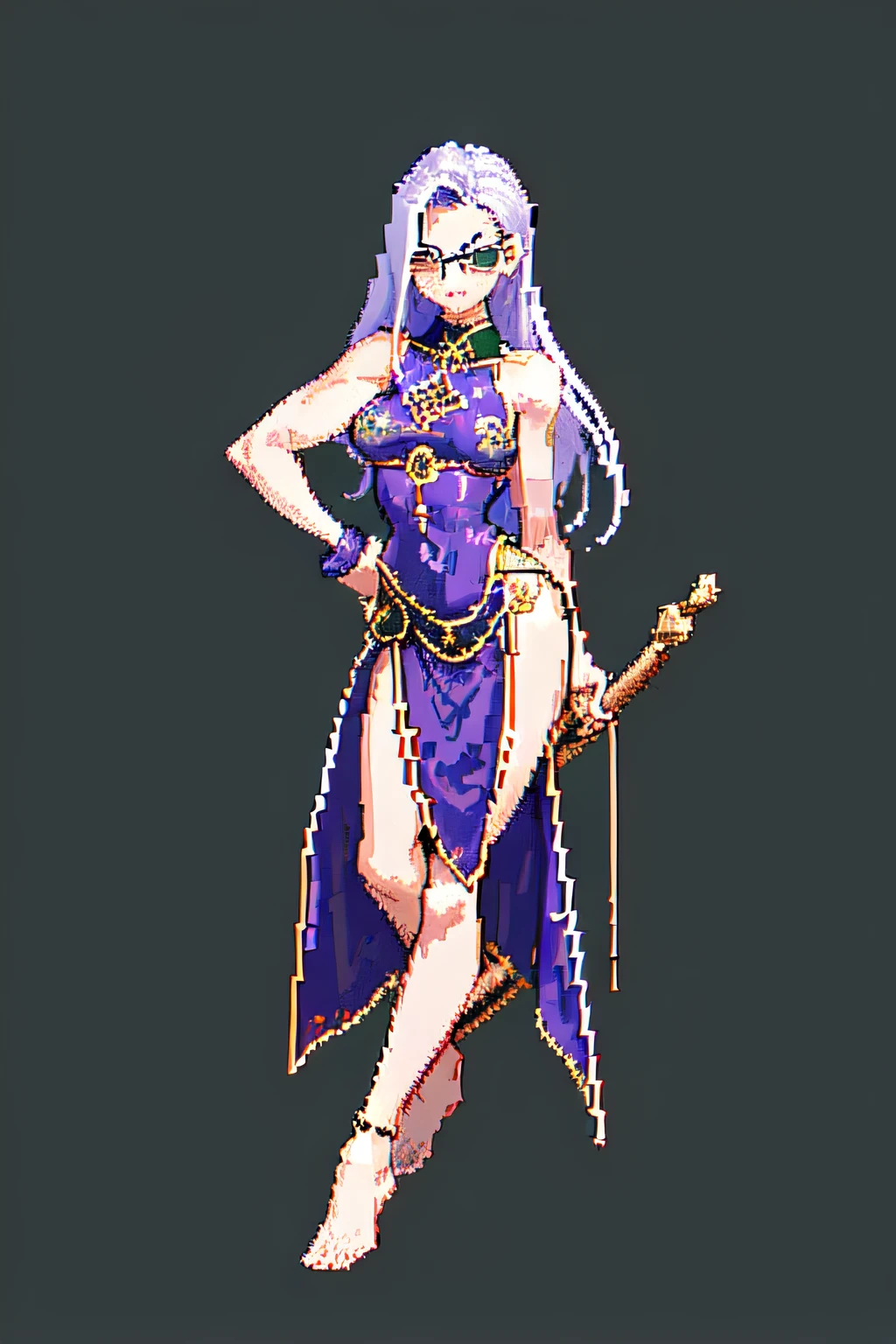 (melhor qualidade, master part), pixel, Pixel Art, 1 mulher, corpo inteiro, 16 anos, musculosa, vestido curto roxo escuro, cabelos cacheados, Average, oculos, 64x?? pixels, bombada