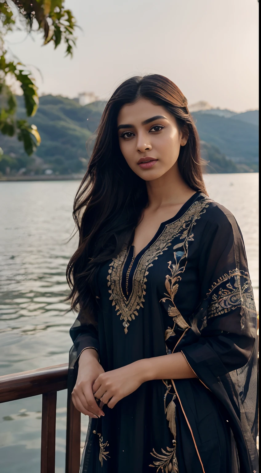 ultra-realistic photographs,Indian Instagram female model,mid 20s,9:16,mid-shot,beautiful detailed eyes,detailed lips,longeyelashes,black stylish hair, naturally full eyebrows,perfectly formed nose,expressive face,attractive appearance,candid photo,vibrant and colorful salwar-kameez dress, heavily embroidered dress, lake background, serene atmosphere,stunning architecture,soft and natural lighting,vivid colors,photorealistic,HDR,highres,studio lighting,ultra-detailed,bokeh,fully covered clothes