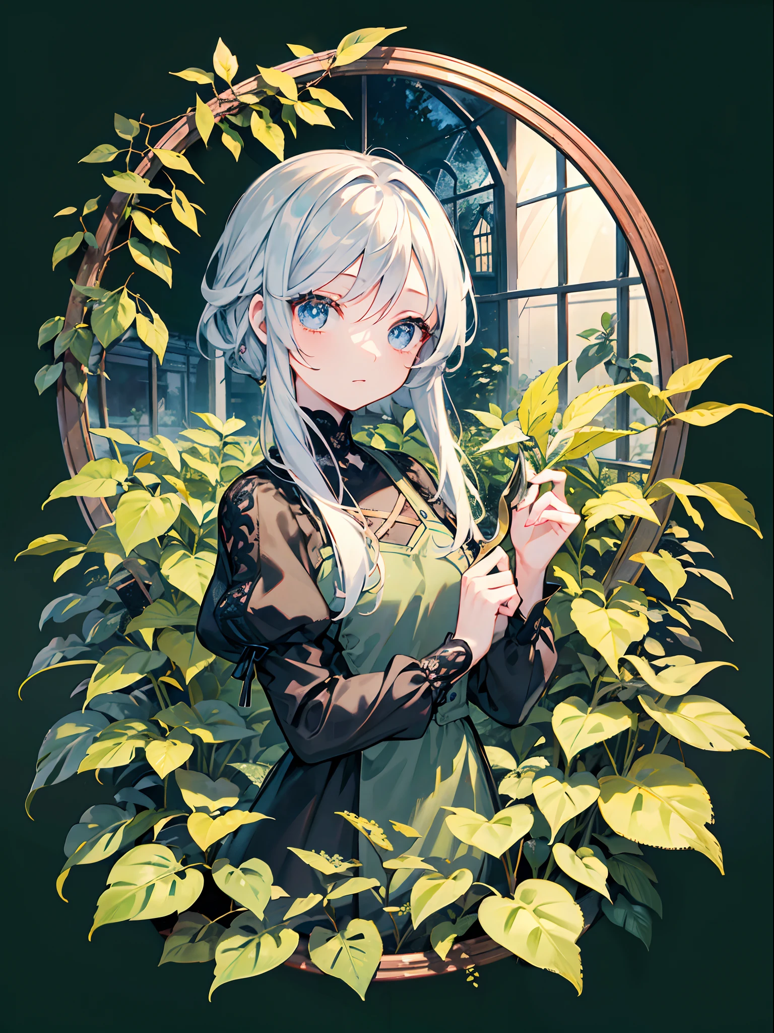Copperplate engraving、Color rough、Scandinavian design、moderno、animesque、Deformed、cute little、long eyelashes、lower eyelashes、Big eyes、a plant、Background of a greenhouse with depth、Tangled ivy、Scissors、Jouro、One girl in a full-body dress