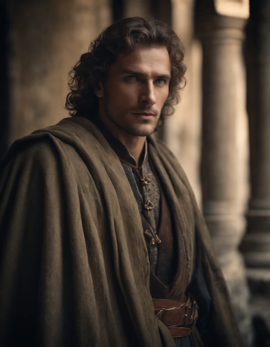 Cinematic portrait, upper body, face, facing the audience, (Reality :1.3), one of the most beautiful artworks in the world, a man looks into the camera, medieval costumes, (old clothes damaged and weathered :1.4), detailed beautiful face, action shooting, ancient city background, realistic photos, CG, Art Station