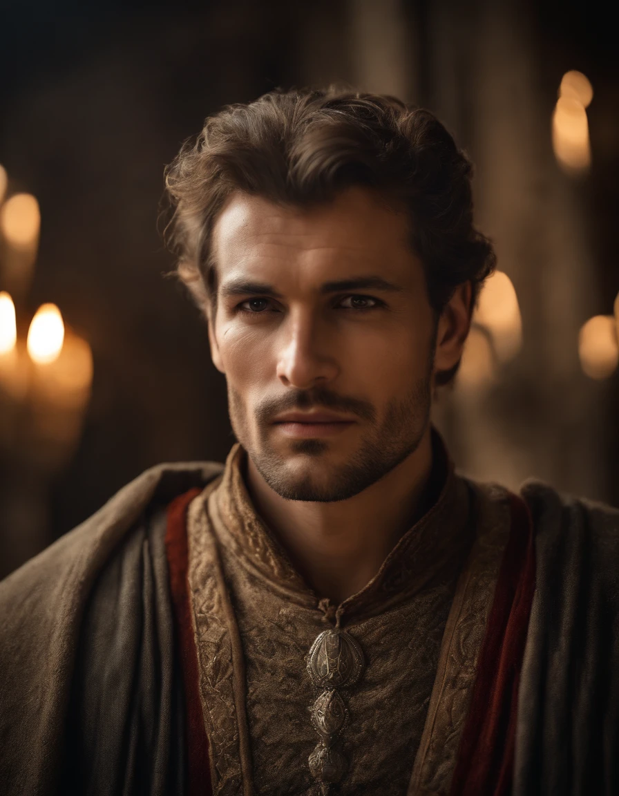 Cinematic portrait, upper body, face, facing the audience, (Reality :1.3), one of the most beautiful artworks in the world, a man looks into the camera, medieval costumes, (old clothes damaged and weathered :1.4), detailed beautiful face, action shooting, ancient city background, realistic photos, CG, Art Station