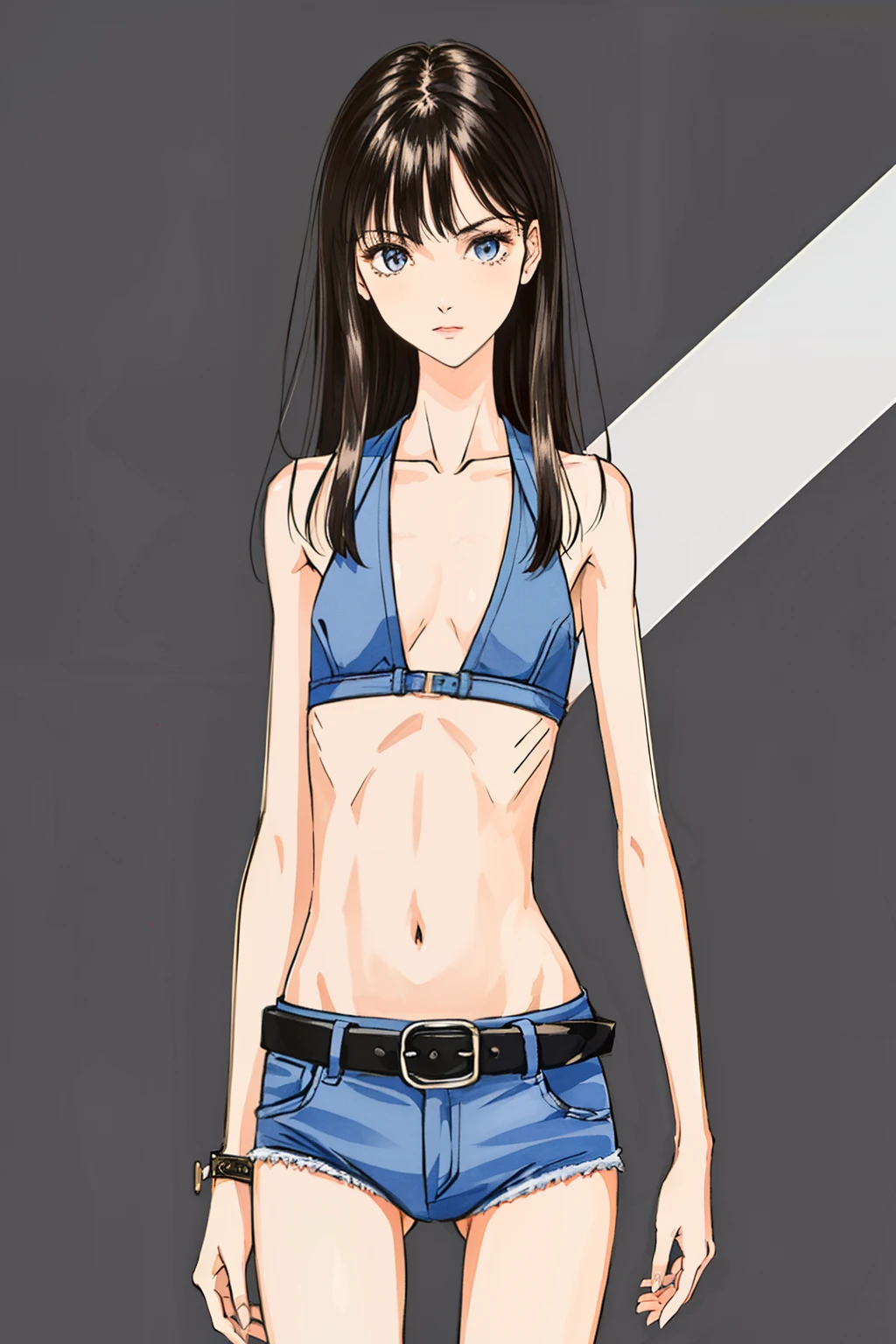 Realitsic very skinny young woman, Charli D'amelio: 2.0, ((very very small waist)), ((ribs visible)), thin arms, thin legs, fine and beautiful face. ((Very skinny and fine body)), small breats, flatchest. ((Anorexic girl))., HD, 8k, high quality.Cohen ((thick belt at the waist))