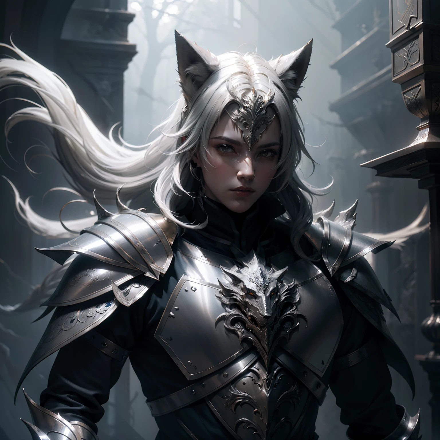 Wolf Knight, Fine Armor, intricatedesign, Silver, Silk, Cinematic lighting, 4K, Floating hair, Sharp