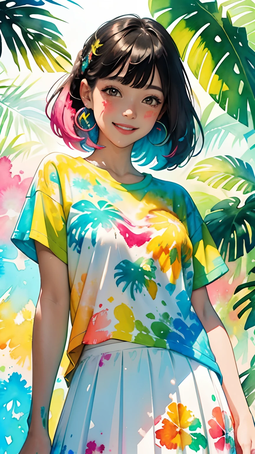 a tropical painting with a splatter background and spray paint effect, mangoes design t-shirt and white tennis skirt, woman upper body centered, multi-color hair, big happy smile, watercolor art, watercolor painting, watercolor painting style, watercolor detailed art, watercolor digital painting, watercolor paint, masterfully detailed watercolor, watercolor art