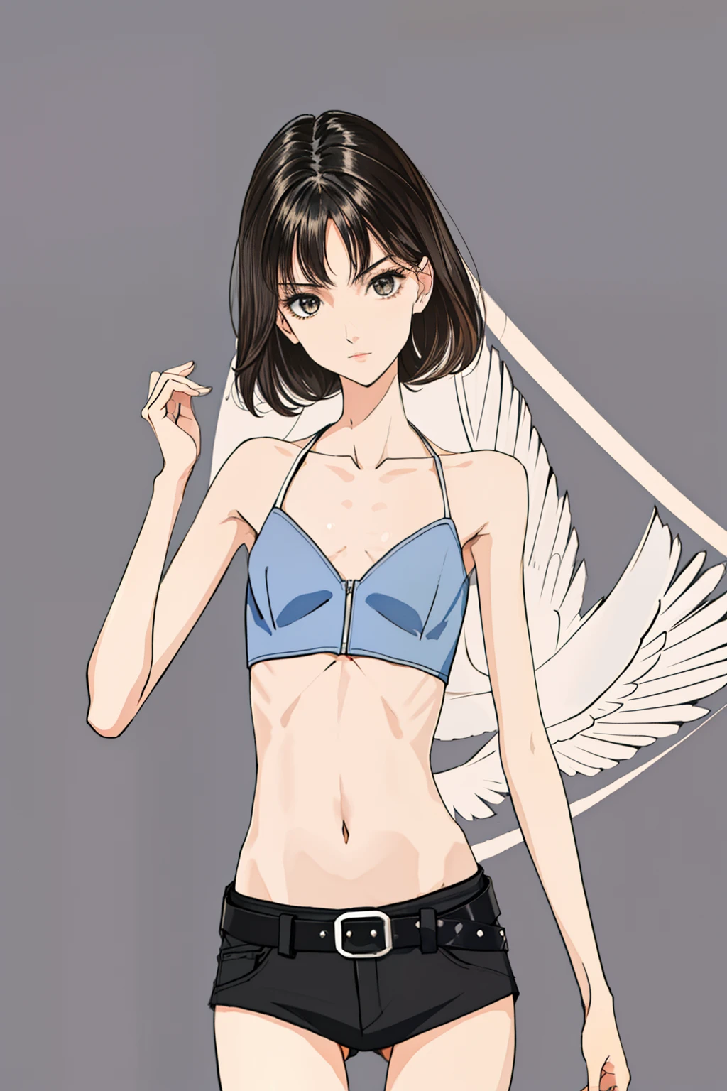 Realitsic very skinny young woman, Charli D'amelio: 2.0, ((very very small waist)), ((ribs visible)), thin arms, thin legs, fine and beautiful face. ((Very skinny and fine body)), small breats, flatchest. ((Anorexic girl))., HD, 8k, high quality.Cohen ((thick belt at the waist))