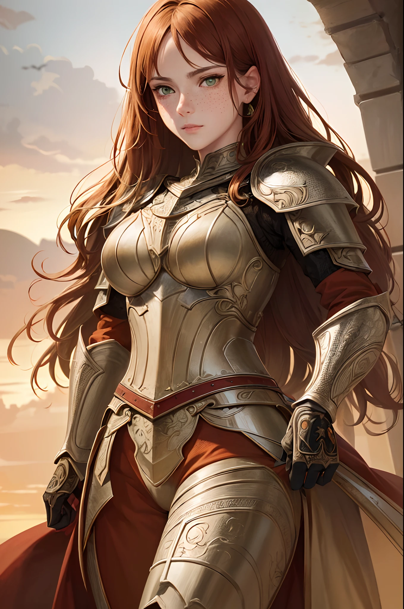 masterpiece, (realistic), highres, highly detailed, intricate, beautiful woman, Orange Long, Green eyes, freckles, detailed face, knight, Red and Black armor.
