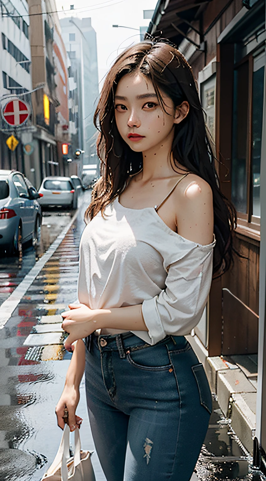 Best Picture Quality,tmasterpiece,超高分辨率,Fidelity 1.4,The photo shows a girl,in a white shirt,worn jeans,White sneakers,There is darkness in dim light、be desperate、pitying、Poor atmosphere,It's like in a movie scene,There were tears in the moist eyes,Cracked clothes add to the drama,Both wet clothes and bare shoulders hint at the truth of tears,A drizzle hit the wet hair,The picture is full of vivid emotions。