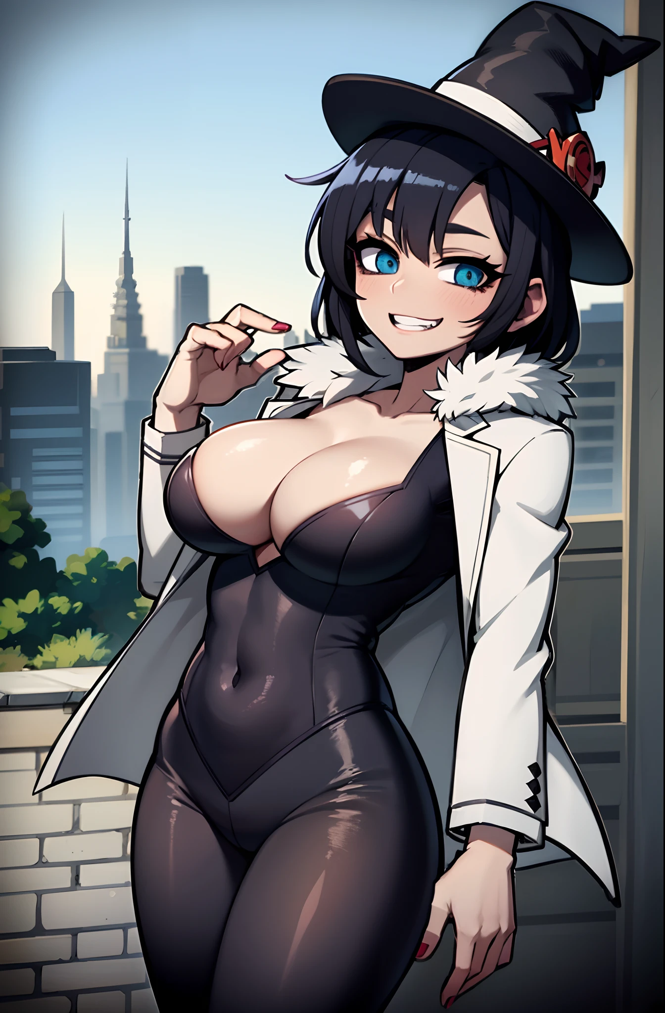 personagem de anime com uma cartola e uma roupa preta, (SFW) seguro para o trabalho, atraente matoi ryuko, anime sedutora, anime moe artstyle, Anya, Spy X Family, Commission for High Res, commission for, Crotchet cena bem-humorada, Cidade em segundo plano, Crotchet, Preto - Mago Cabelo, bem - vestido, na cidade, OC Commission