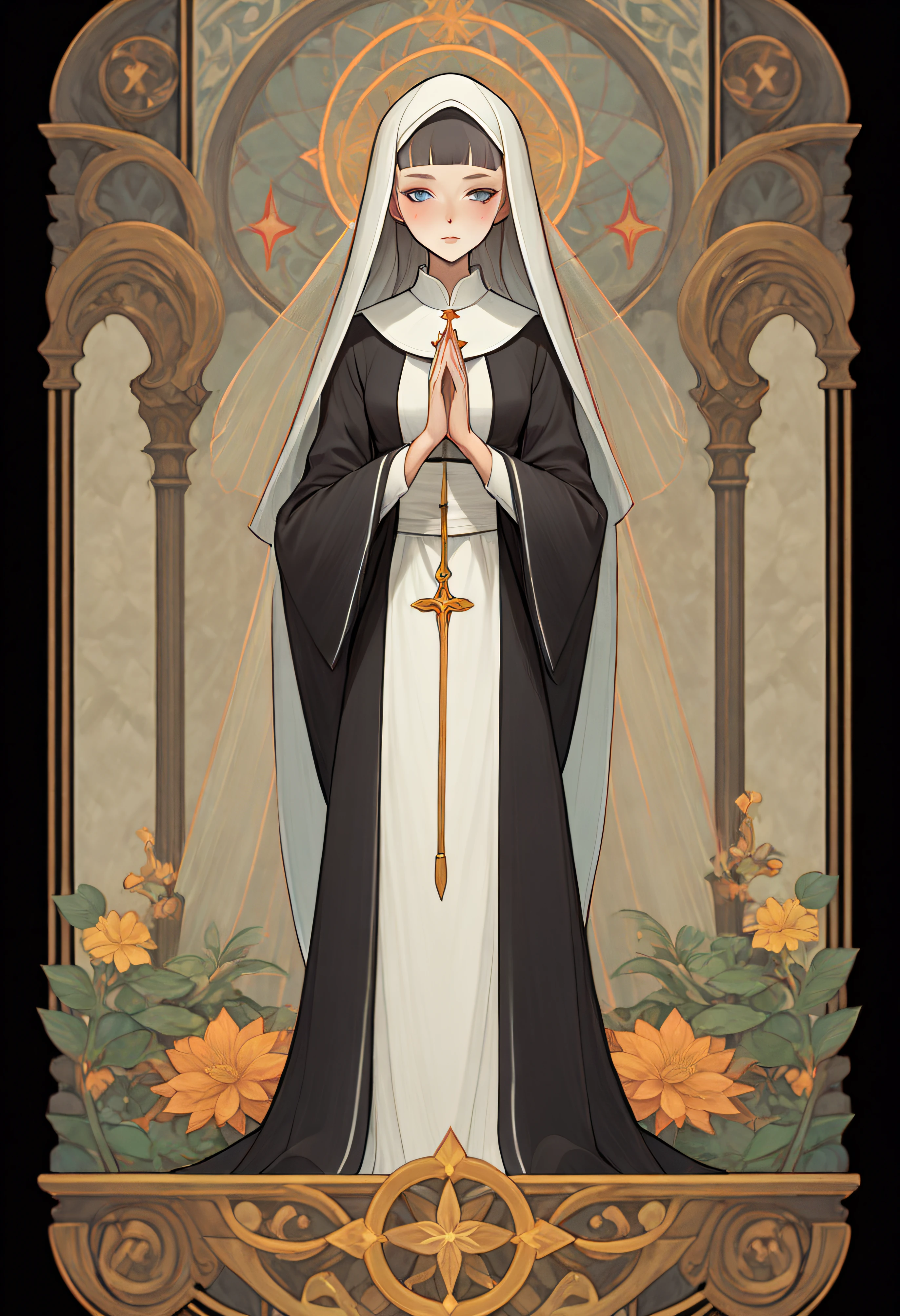 Full body portrait of 1 girl, The nun prays, nuns clothing, standing on your feet, (((独奏))), Clear facial features, Simple line design, ((tarot card background, symmetric beauty)), perfectly symmetrical, The art of symmetry, Standing drawings of characters, ((flatcolors)), tmasterpiece，top Quority，best qualtiy，超高分辨率, ((Clear facial features，beautidful eyes，beauitful face, Exquisite facial features))