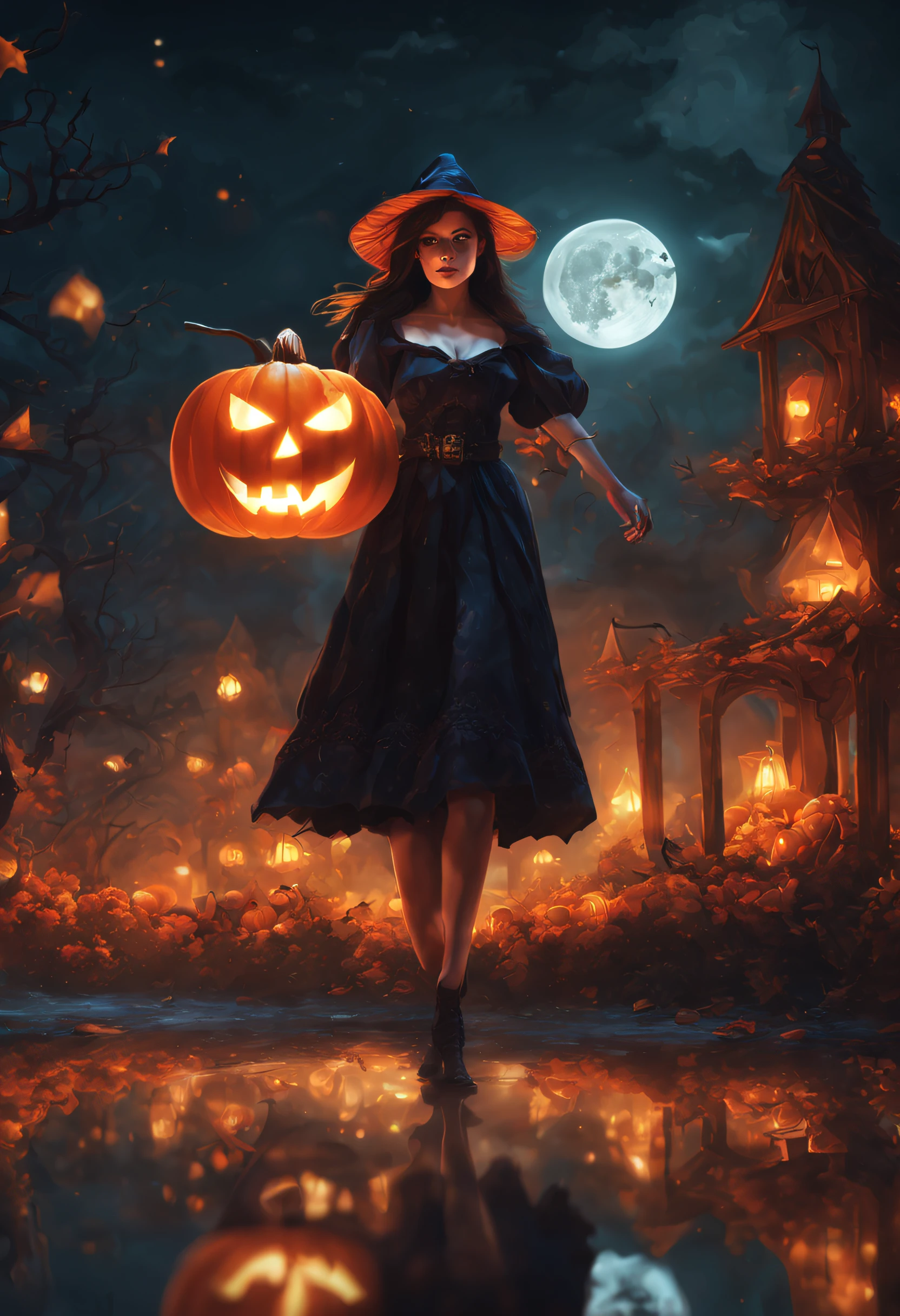 1girll，adolable，sorceress woman，pumpkins，flying brooms，Halloween floating lights, cinematic light and reflections,Digital illustration, Beautiful atmosphere, the night, Peaceful evening atmosphere, Jack-o'-lantern, Halloween, the night, themoon, tmasterpiece, high qulity, Beautiful graphics, high detal,Magnificent