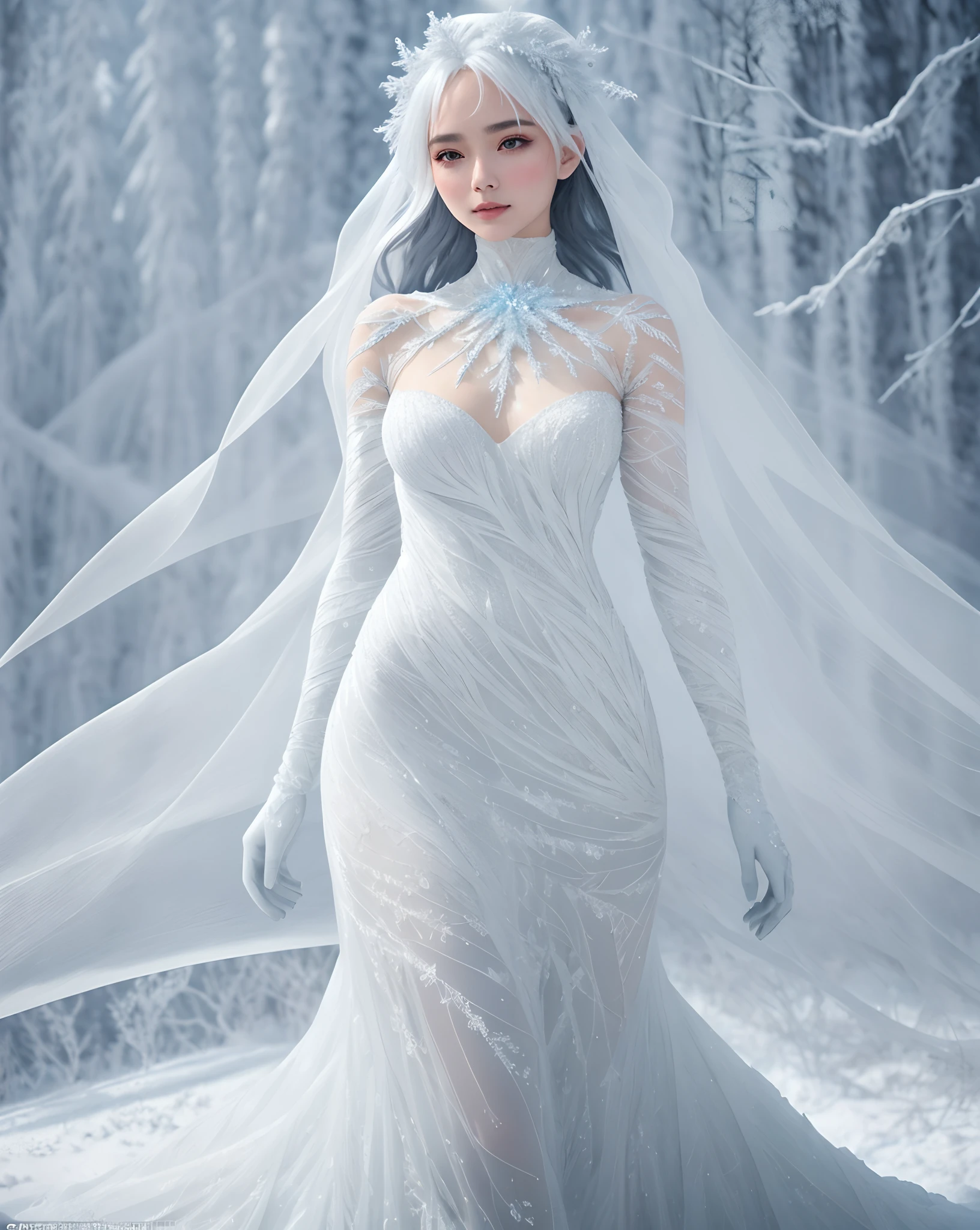 A stunning woman, wrapped in a winter dress sculpted from rime ice, its delicate patterns enhancing her beauty. She stands as a living embodiment of the season's elegance, a fusion of nature's art and human grace. Ice couture, winter's muse, frosty elegance, ethereal beauty, seasonal synergy, anime realism, perfect illustration