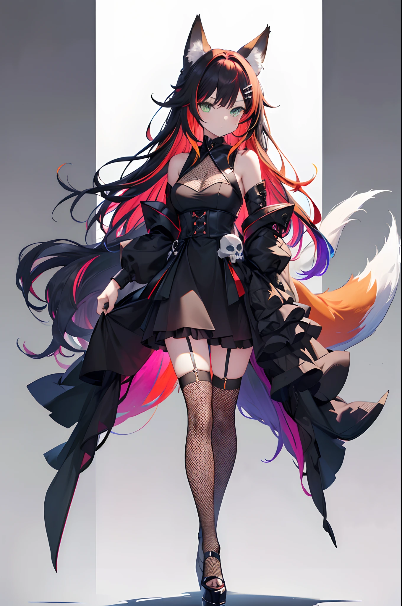 masterpiece, best quality, super fine illustration, perfect anatomy, correct anatomy, perfect proportion, perfect face, perfect hands, perfect legs, perfect fingers, perfect hands, professional lighting, best quality, ultra detailed, extremely delicate and beautiful, 4k, 8k,,1girl, fox girl, (((multicolored hair:1.2)(black 1.1)(red 1.1), fox ears, long hair, fox tail, black dress, fishnet stockings, cute expression, skull hair clip, green eyes, full body, solid white background,