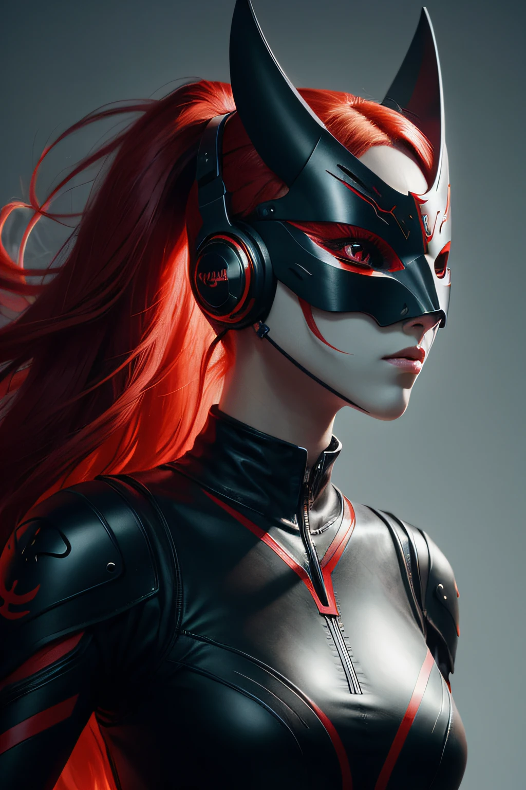 girl with long red hair, red eyes, futuristic vibes, mask on mouth, headphones, 8k, high quality, simple background, glowing eyes, nice pose