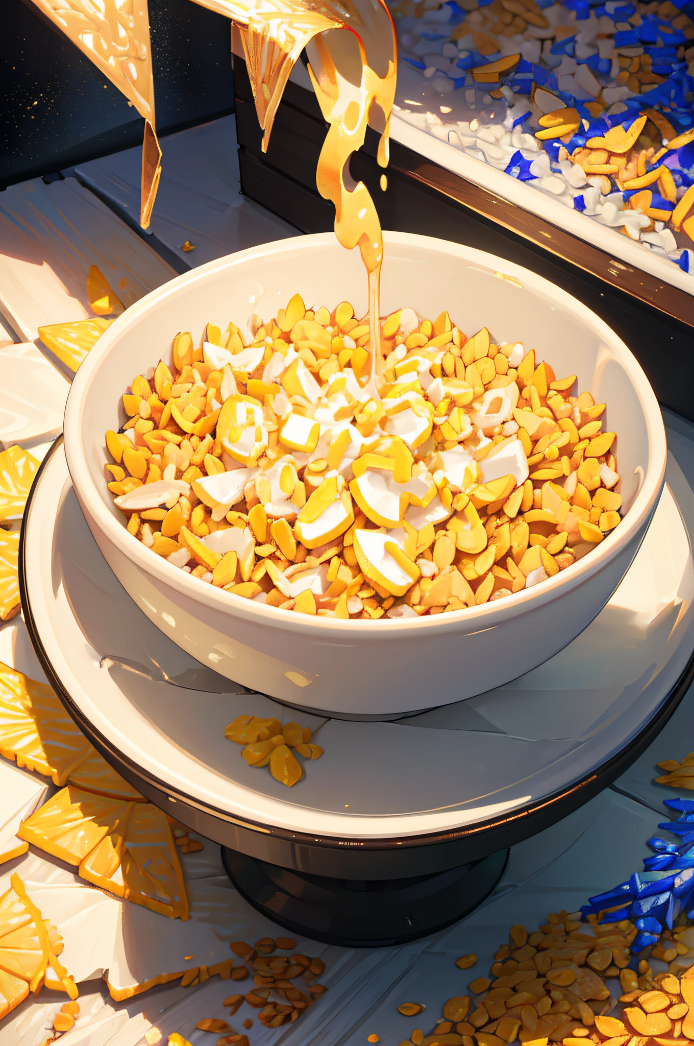 (best quality,3D rendering:1.2),vivid colors,intricate patterns,corn flakes,cereal,meticulously crafted flakes,detailed,high-res,beautifully textured flakes,crispy,crunchy,delicious,tempting,irresistible,overflowing bowl,aesthetic arrangement,pouring milk,sparkling,morning sunlight,kitchen table,delicate,realistic,hyper-realistic:1.37