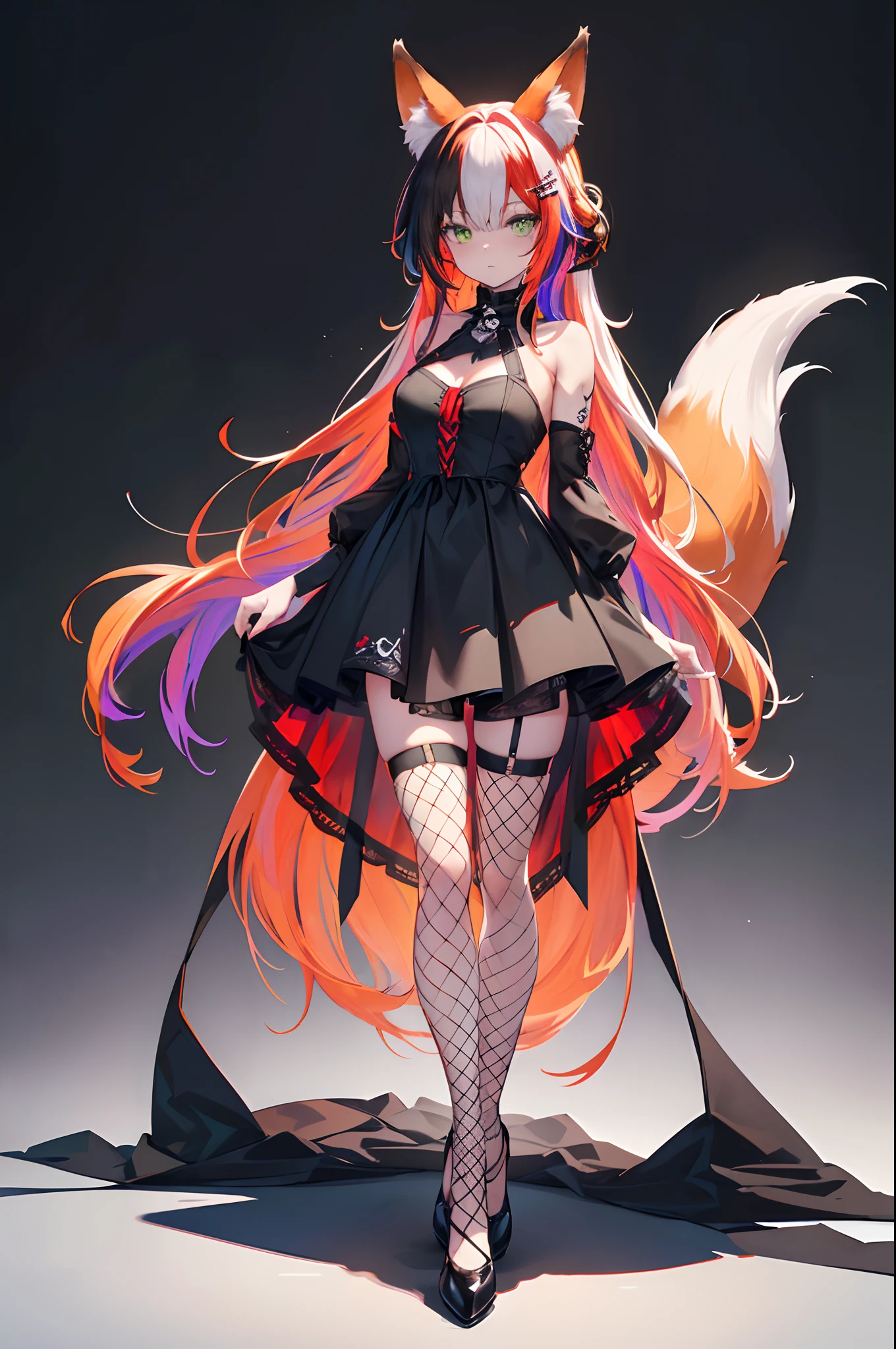 masterpiece, best quality, super fine illustration, perfect anatomy, correct anatomy, perfect proportion, perfect face, perfect hands, perfect legs, perfect fingers, perfect hands, professional lighting, best quality, ultra detailed, extremely delicate and beautiful, 4k, 8k,,1girl, fox girl, (((multicolored hair:1.2)(black 1.1)(red 1.1), fox ears, long hair, fox tail, black dress, fishnet stockings, cute expression, skull hair clip, green eyes, full body, solid white background,