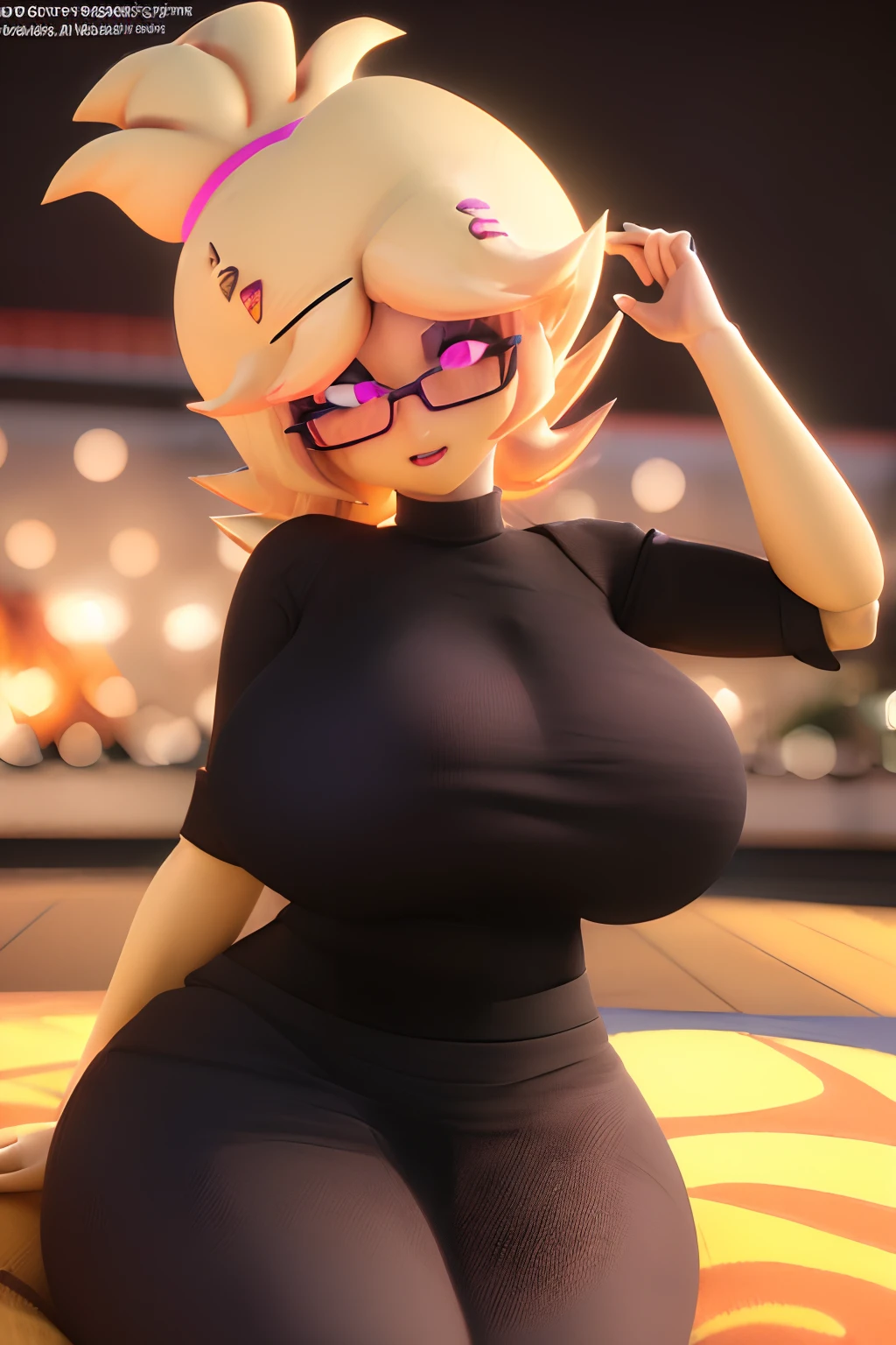 chiku, (best quality,highres,masterpiece:1.2),ultra-detailed, 3d, 3d render, sexy, woman, white woman, (Caucasian skin), yellow hair, thick thighs, huge breasts, pink eyes, black sweater, glasses, skirt, detailed face