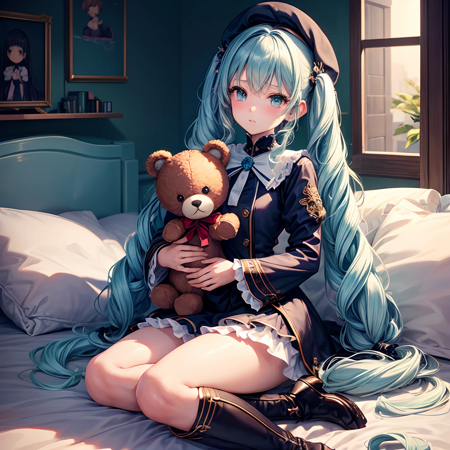 a extremely delicate and beautiful girl, intricate detail, super fine illustrations, female focus on, Girls' Front, macro shot, Wariza, neat figure, single human girl, child, long Bright wavy hair, curly hair, beautiful and detailed loong tail, twintails, pale blue hair, beautiful detailed hair, extremely detailed cute anime face, ^ ^, lov(Holding a stuffed bear in both hands)、ely big eyes, perfect hands, small Breasts, zettai ryouiki, beret, stuffed toy, anglesailor dress, knee boots, Clear and turquoise sky, flower forground, wallpaper 8k CG, extremely detailedmasterpiece, best quality