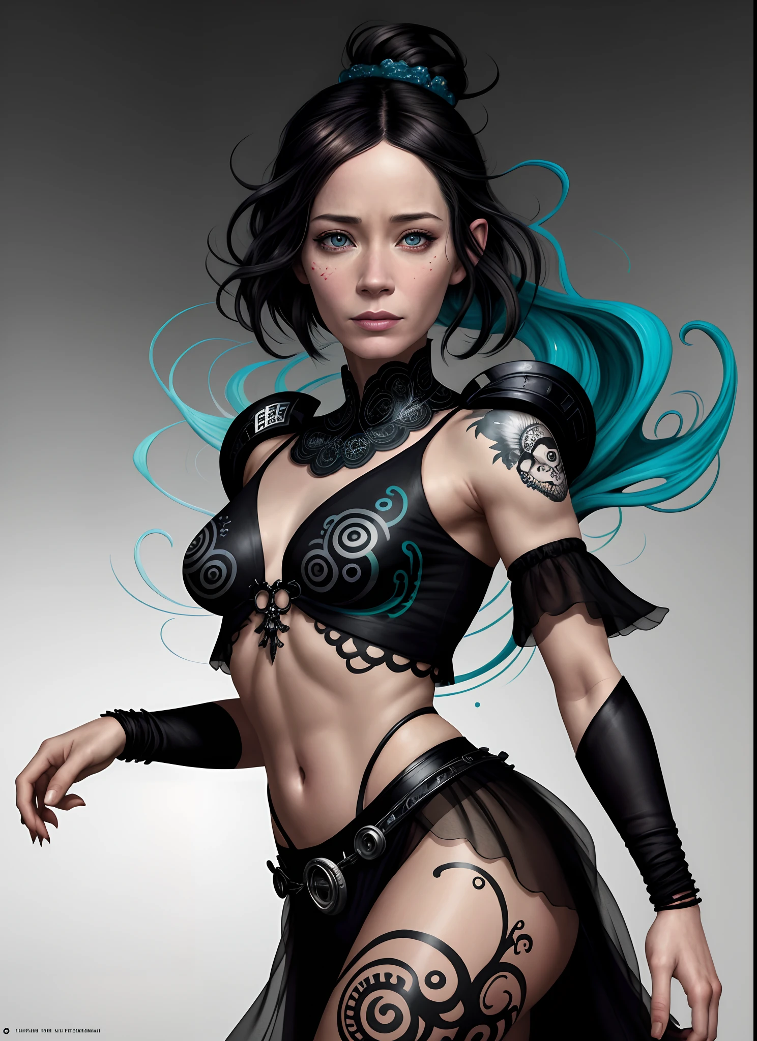 (Emily blunt:Evangeline Lilly) is a beautiful charming pirate carved out of dark smoke, dressed as a pirate in black, circular colored smoke, waves of shadows at night, abstract skull ornaments, soft colors, flat 4d street art in the style of adrian ghenie, esao andrews, jenny saville , edward hopper, surrealism, james jean dark, takato yamamoto, inkpunk minimalism, , detailed symmetrical brown eyes with circular iris, seamless geometric pattern harmony, luminogram, iron gall ink, art by Russ Mills, Sakimichan,, by GIlSam -paio octane rendering depicting innovation and truth, 8k, by Lee Jeffries, depth - Gs studio