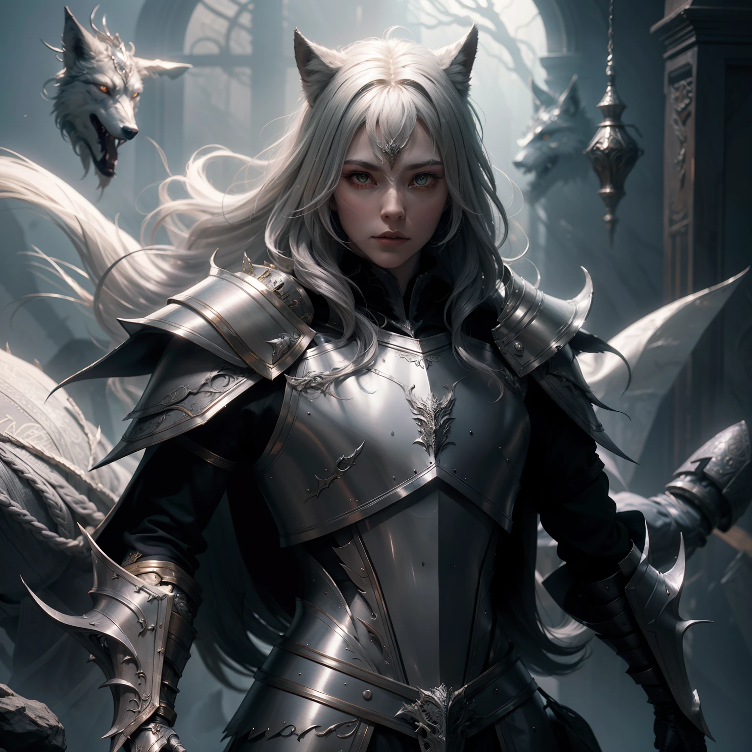 Wolf Knight, Fine Armor, intricatedesign, Silver, Silk, Cinematic lighting, 4K, Floating hair, Sharp
