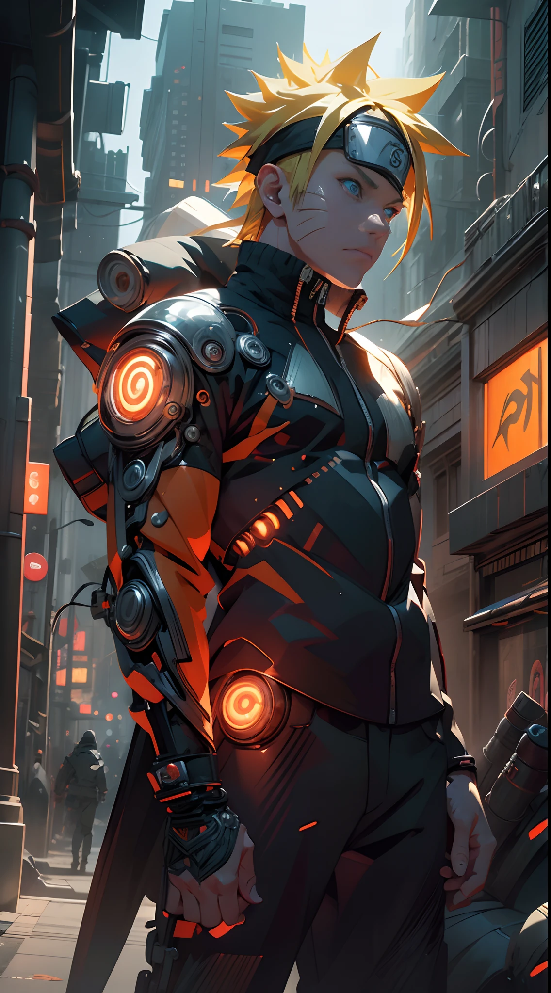 Masterpiece, Naruto cyborg mode, look at the viewer, full mechanical body, intricate details, advanced technology, Orange lightning, detailed armor, bionic enhancements, neon lights, vivid colors,  contrasting shadows, Blue eyes, urban setting, nighttime backdrop, high contrast lighting, bold lines, blurring effects, ultra-realistic, 4k resolution