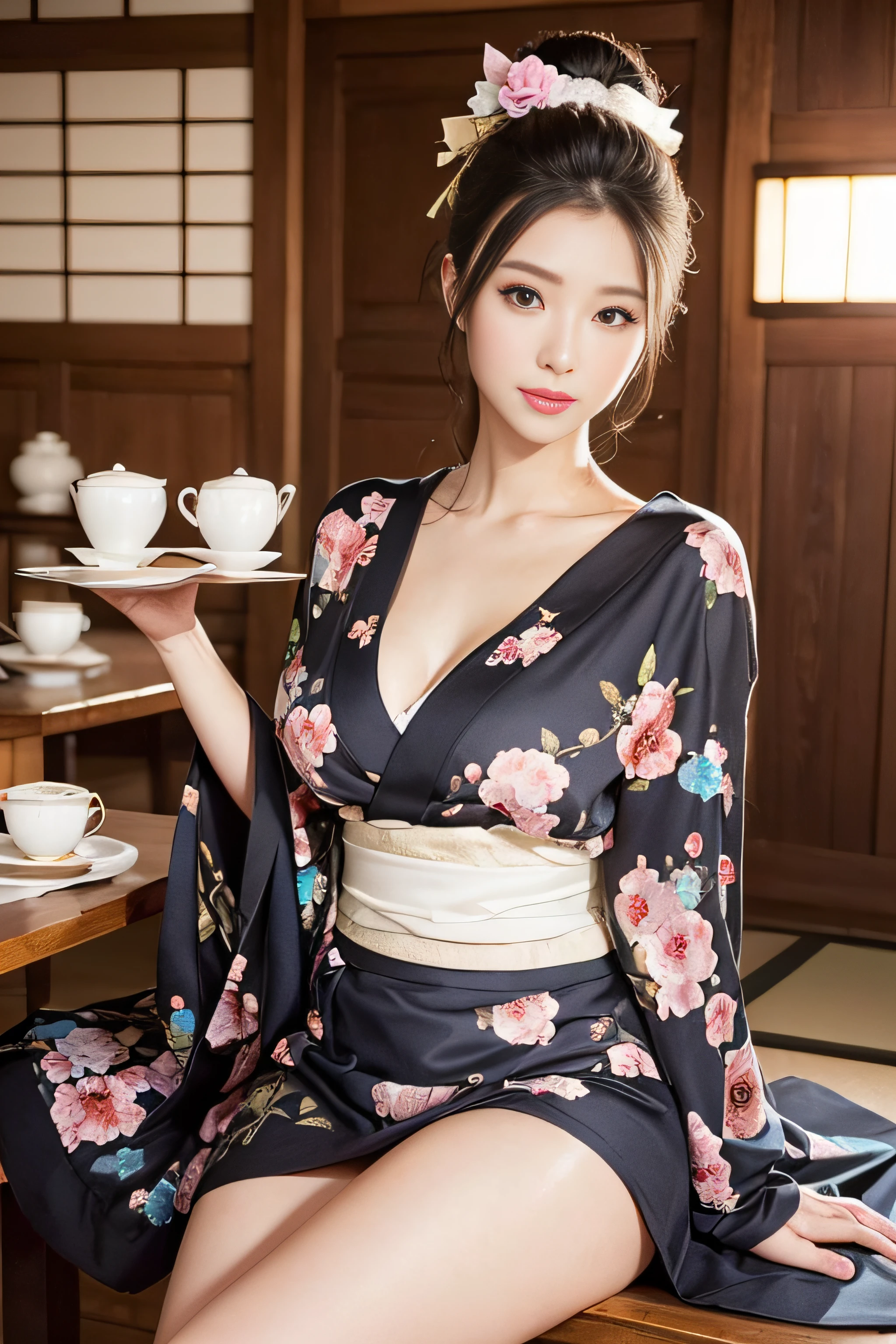 1womanl、(Super beautiful)、(beauitful face:1.5)、(Sit in a tea room in a temple in Japan)、with spreading legs、(Showing white panties)、(Black floral kimono:1.2)