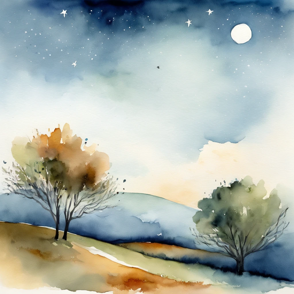 Simple landscape painting,Ancient wind,Around eleven o'clock in the evening,Clouds,themoon,Plain and minimalist,Hand drawn watercolor,Star blue