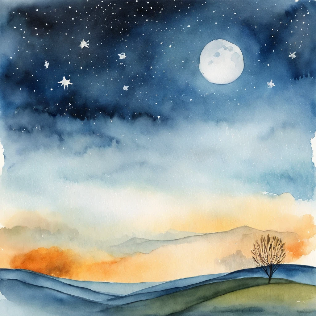 Simple landscape painting,Ancient wind,Around eleven o'clock in the evening,Clouds,themoon,Plain and minimalist,Hand drawn watercolor,Star blue