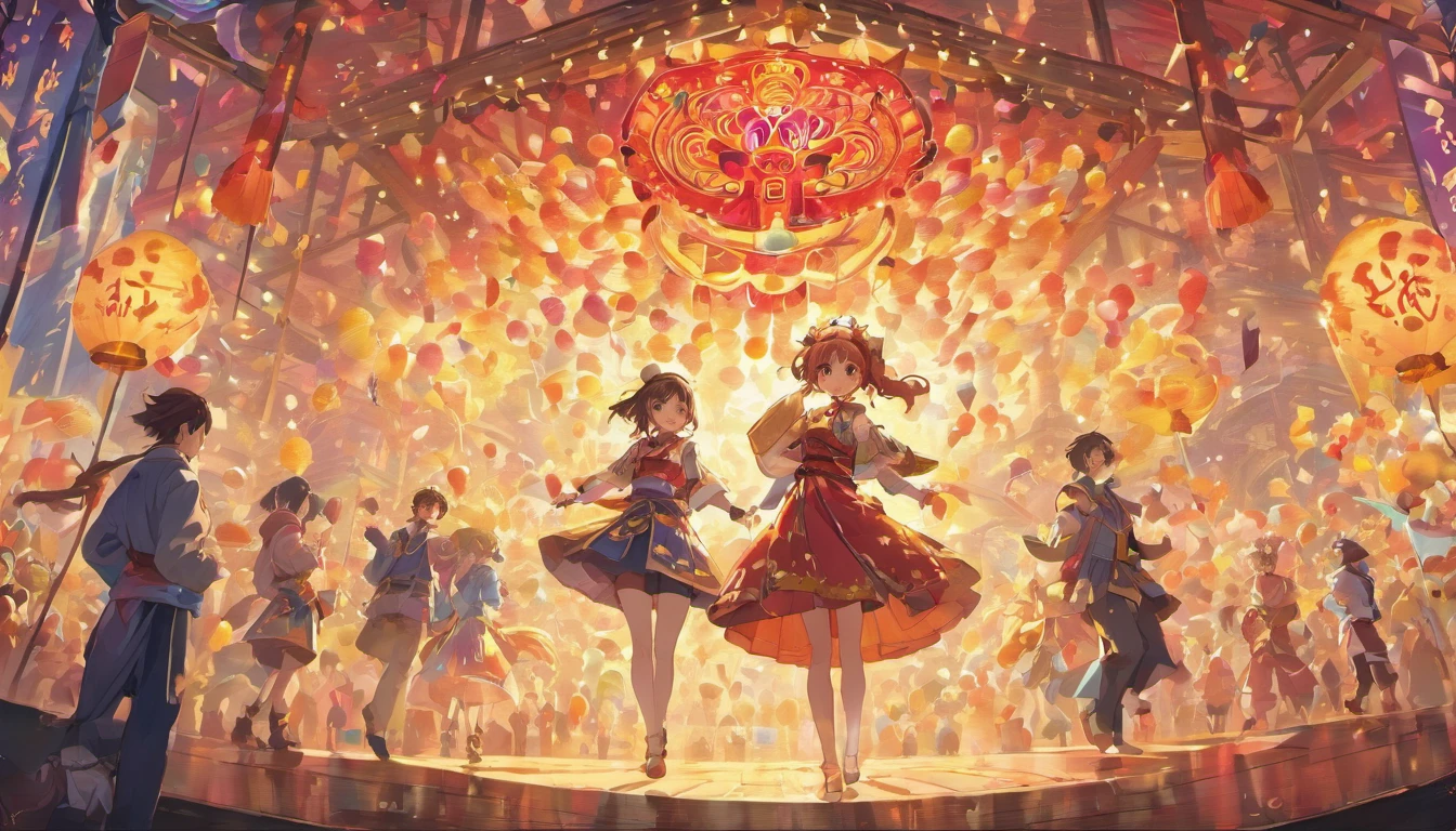 (best quality,4k,8k,highres,masterpiece:1.2),ultra-detailed,(realistic,photorealistic,photo-realistic:1.37), vibrant square filled with energetic people, dancing figures catching attention, the sound of drums resonating, vendors selling their merchandise. They are dressed in colorful Zhuang costumes, adorned with exquisite floral crowns, surrounded by a circle of vibrant balloons.