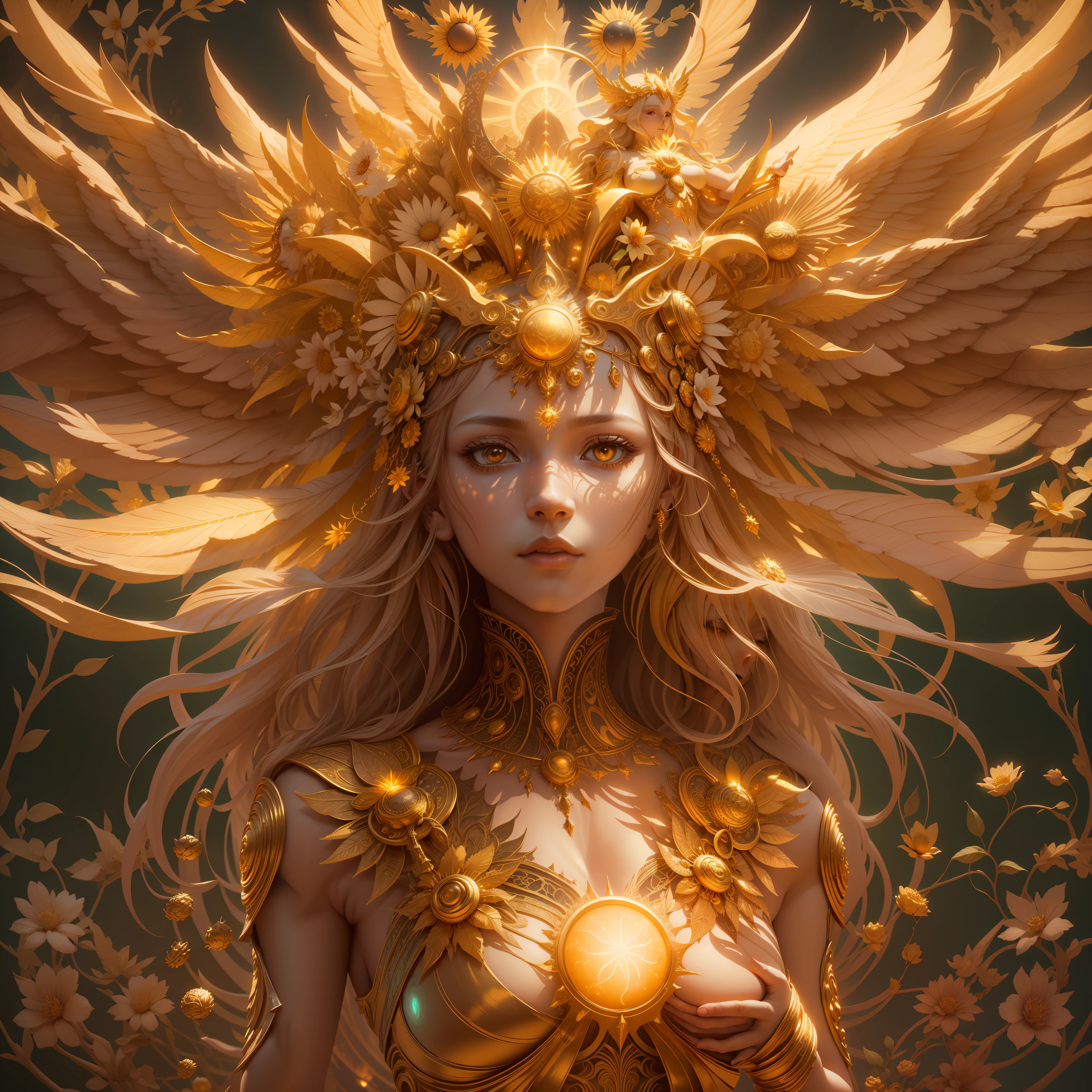 surrealism, conceptual art, classicism, back lit lighting, full bloom, Optical illusion, wide angle full body, in a panoramic view, Ultra-wide angle full body,projected inset, hyper HD, Masterpiece, Textured skin, Super detail, High quality, Award-Awarded,It has a large golden flower on it, enlightening. Intricate, full bodyesbian, The goddess of the sun who blesses the masses, Flying,Extremely detailed full-body shot of the goddess, the solarpunk phoenix, Symmetrical epic fantasy art, unreal engine rendered, Goddess of Light, gold ethereal light, ethereal angelic being of light, art nouveau octane render, intricate ornate anime cgi style