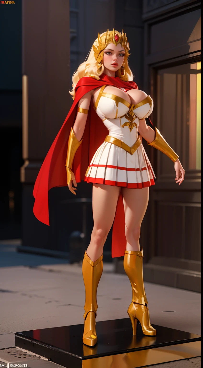 ((3d render:1.4)), ((full body view:1.2)), ((she-ra)),((1985)), (pale skin:1.2), (white skin:1.5), ((front view:1.3)), pale face, (puffy lips:1.4), (crown:1.4),(white skirt), ((gold gauntlets:1.3)), ((red cape:1.1)), (gigantic breasts:1.4), ((gigantic breasts:1.3)), design sheet, masterpiece, (slendered abs:1.2) ,detailed , shiny skin, beautiful lighting from the side, harsh light,epic pose, dynamic movie poster