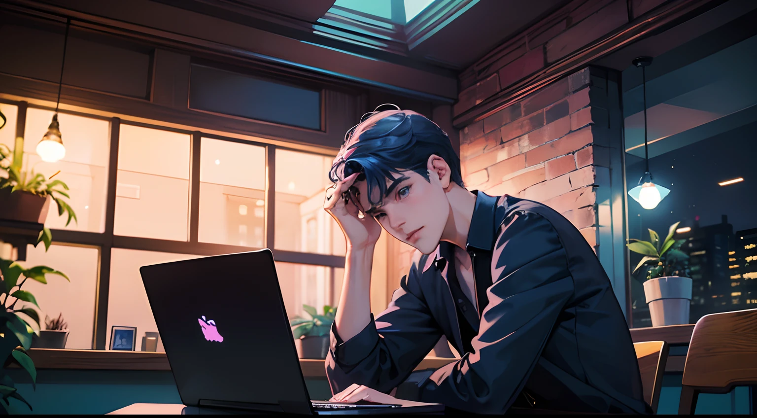 lofi, 21 year old male, very handsome, typing on the laptop computer, in a cafe, kitten by his side, at night, dark, dim lighting, blue and pink color, large window, stunning city view from the window, very detailed face, detailed city, plants in the cafe