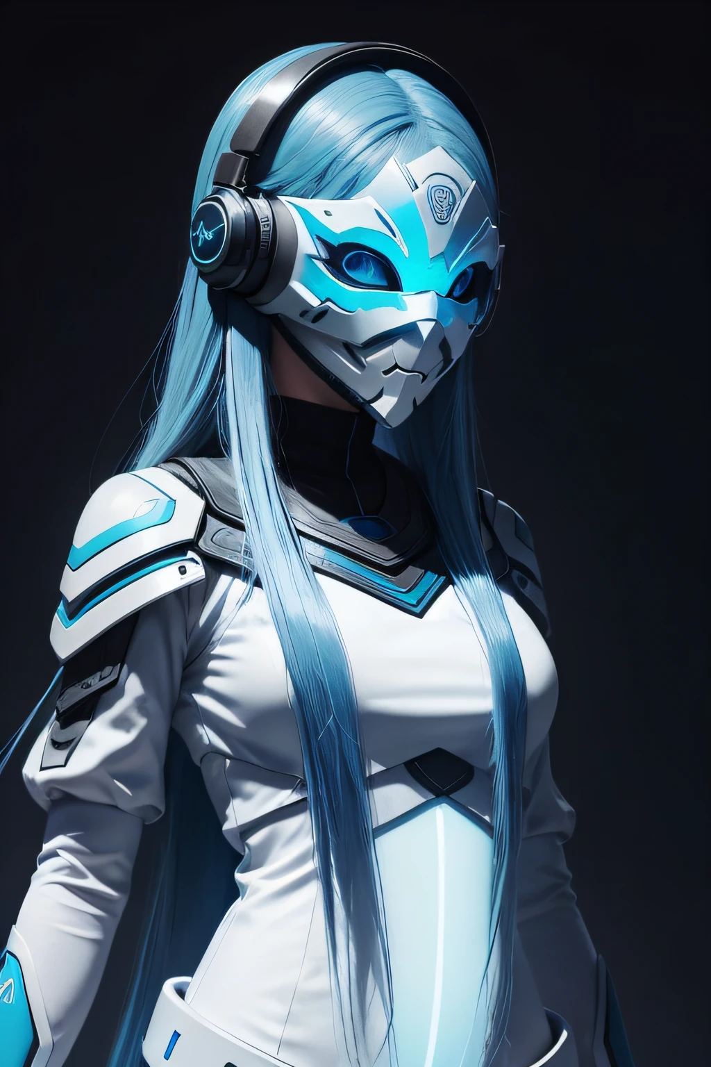 girl with long blue hair, blue eyes, futuristic vibes, mask on mouth, headphones, 8k, high quality, simple background, glowing eyes, nice pose