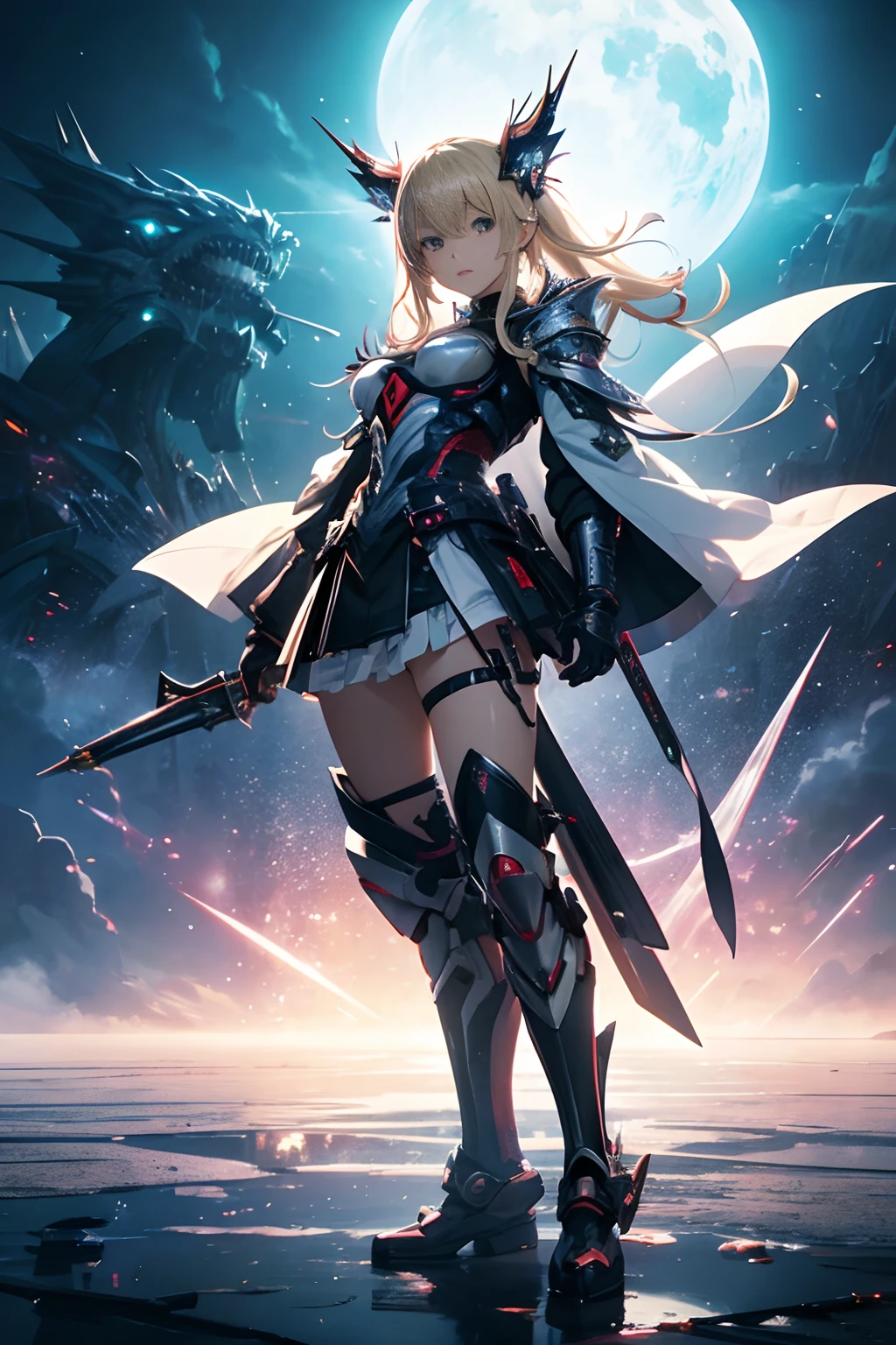 masterpiece, best quality, 1girl, (((falling from the sky))), flying, solo, long hair, looking at viewer, bangs, blonde hair, large breasts, red eyes, gloves, ribbon, bare shoulders, very long hair, hair ribbon, ponytail, leotard, black ribbon, red belt, floating hair, magical girl, gauntlets, black leotard, low ponytail, cool, iron boots, metal boots, black thighhighs, magic, thunder,