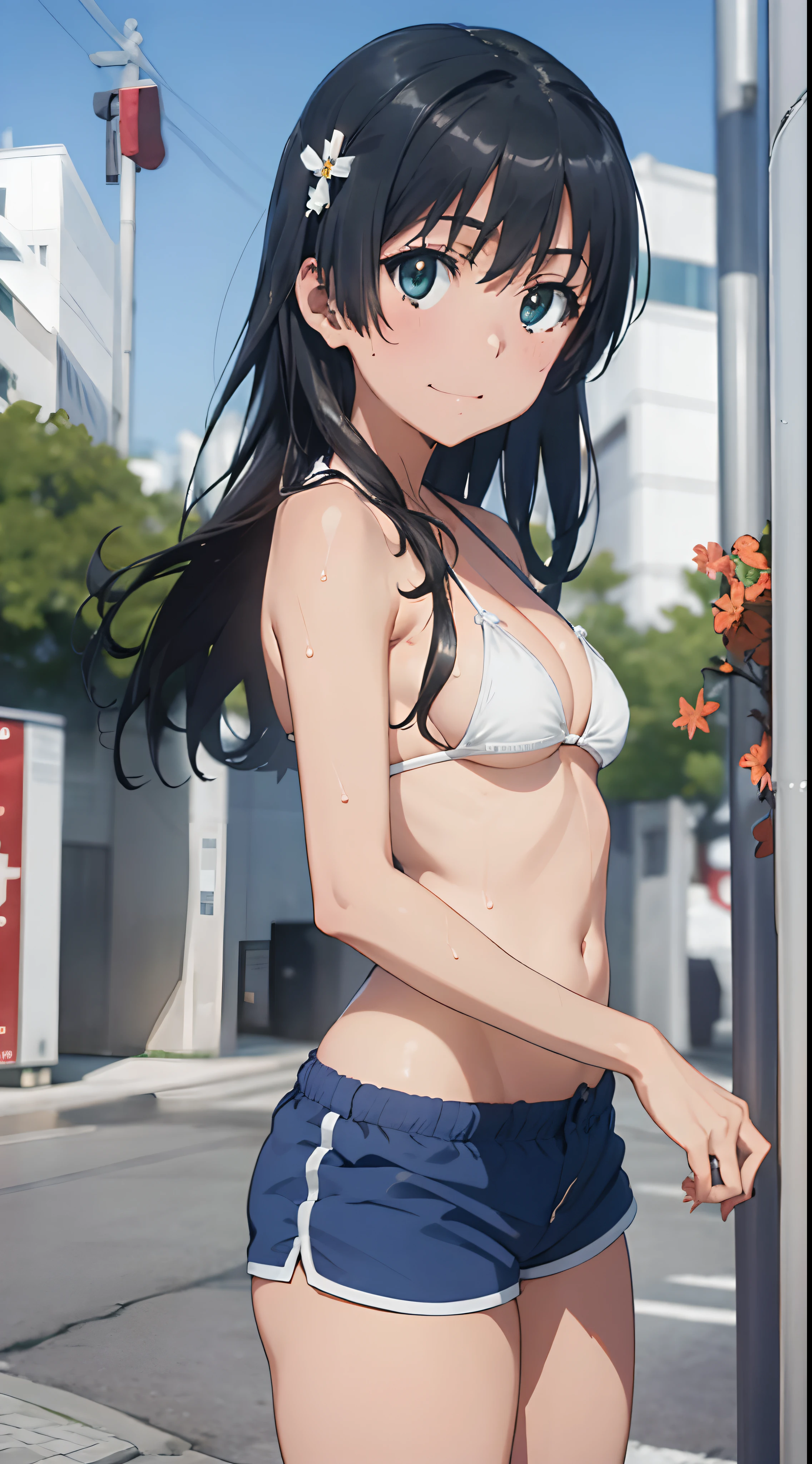 One lady,,japanes,(((White Bikini,Blue shorts))),,,Wet with sweat,Natural smile,Clothes are wet,(((Nariko Saten)))High quality, detail, Depth and finesse。stares at the camera。Use of fisheye lenses、Beast hairstyle ban、Maintain finger shape、impact-resistanthigh-quality, detail, Depth and 3D effects。Worthy of 16k wallpapers。The texture of the material changes.、Realistic expression.。Official art。Natural light,((Realism: 1.2)), dynamic far view shot,Cinematic lighting, Perfect composition, by sumic.Has a small, ultra-detailliert, Official art, masutepiece, (Best Quality:1.3), glint, Highly detailed CG Unity 16K wallpaper, Detailed background, masutepiece, Best Quality, (masutepiece), (Best Quality:1.4), (超A high resolution:1.2), (hyper realisitic:1.4), (Photorealistic:1.2), Best Quality, High quality, hight resolution, Detail Enhancement,(((play in the pool)))(((Facing backwards)))