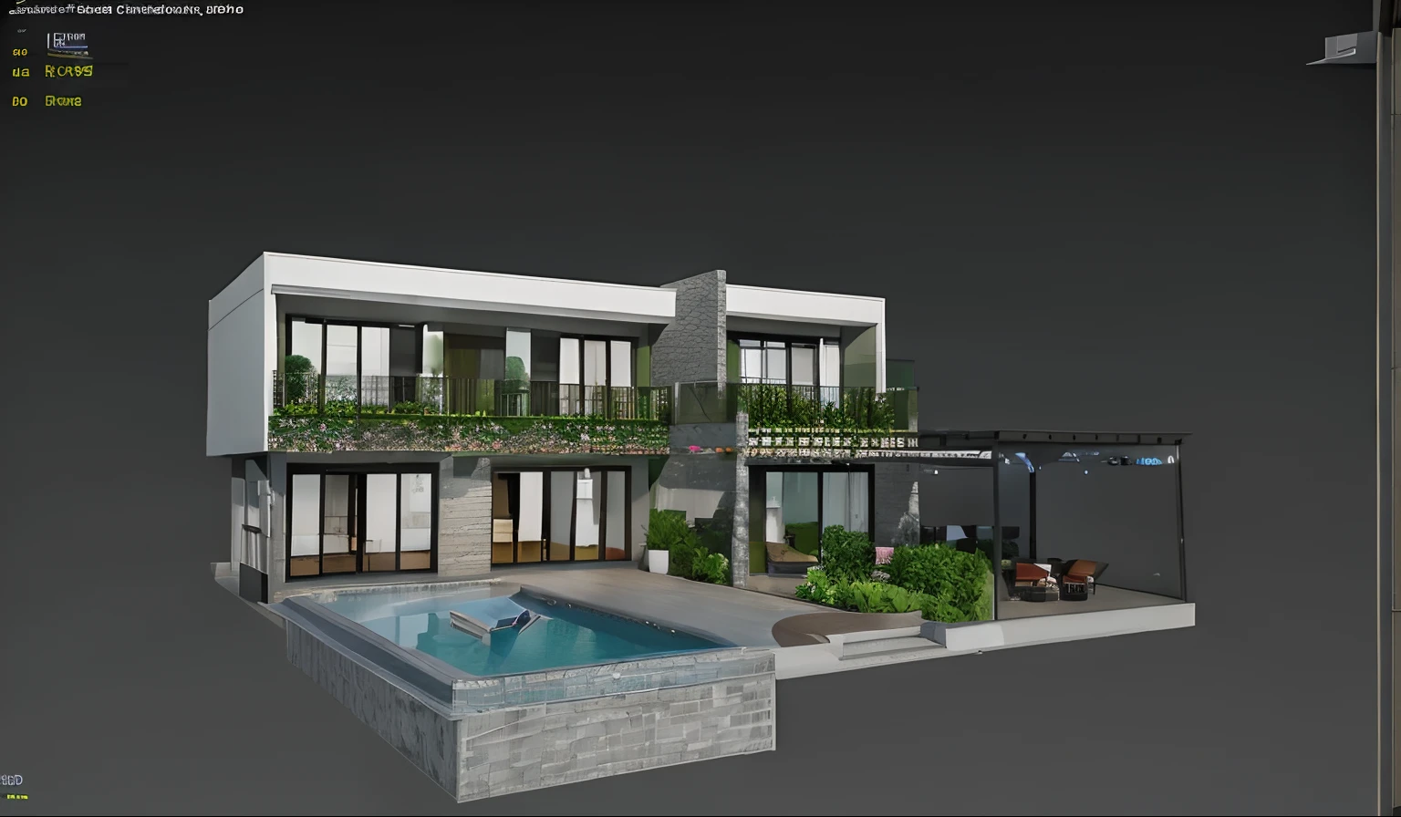 a close up of a house with a pool and a patio, vue 3d render, with 3d render, with 3 d render, concept house, rendered in lumion pro, detailed render, lumion render, 3d rendering, 3 d rendering, fully detailed render, rendered 3d model, frontview, rendered in 3 dsmax, lumion rendering