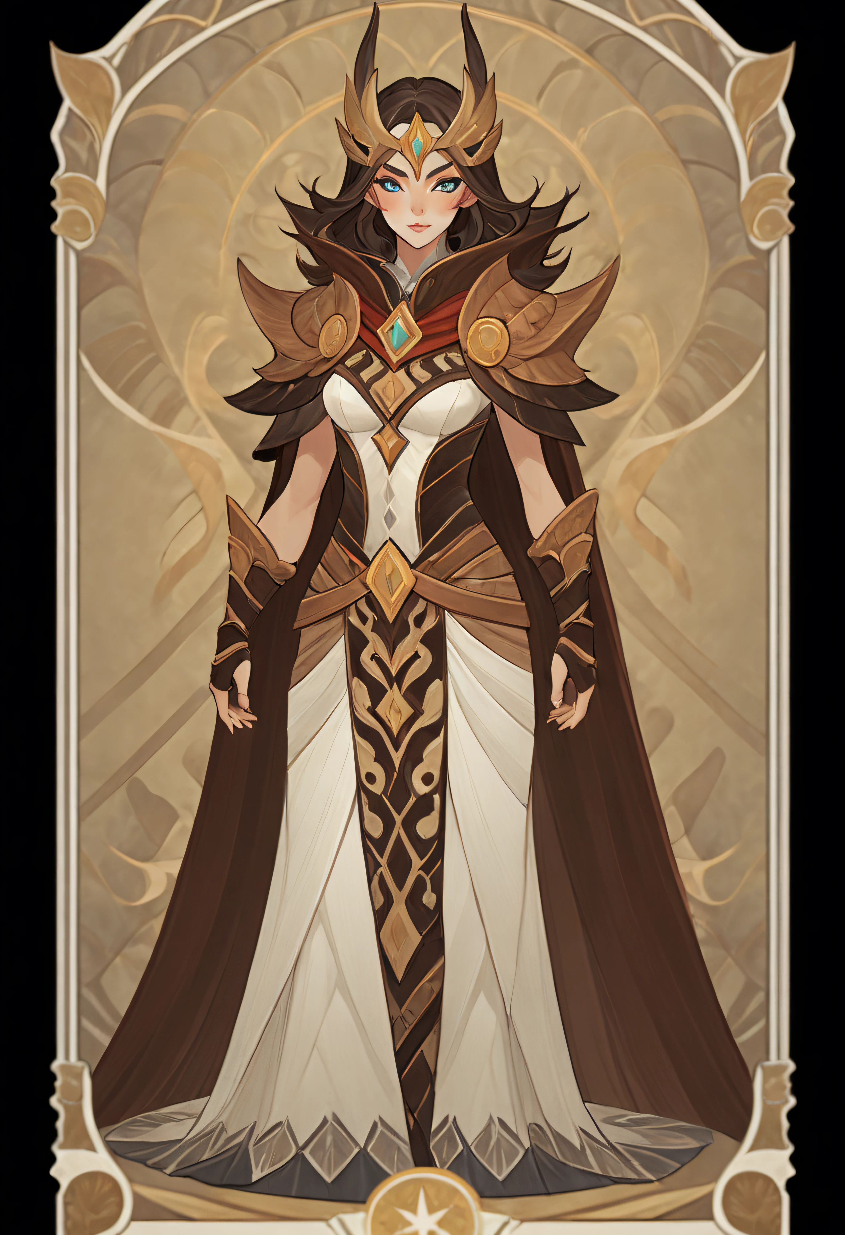 1 full-length portrait of a huntress, Northern barbarian costumes, Furry cape, standing on your feet, (((独奏))), Clear facial features, Simple line design, ((tarot card background, symmetric beauty)), perfectly symmetrical, The art of symmetry, Standing drawings of characters, ((flatcolors)), tmasterpiece，top Quority，best qualtiy，超高分辨率, ((Clear facial features，beautidful eyes，beauitful face, Exquisite facial features))