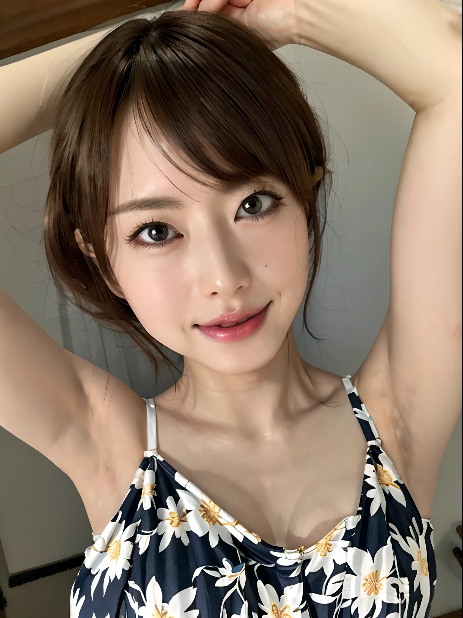 Ultra-realistic capture, Highly detailed, High resolution 16k close-up of human skin. Skin texture must be natural, Detailed enough to finely identify pores. Skin should look healthy, Detailed armpits、A detailed face、Detailed fabrics、Frontal shot of a girl、Brown-eyed、The nipple is visible 、Looking at the camera、Look at viewers、Armpit、room at night、simple background、goddess of Japan、From  above、Close-up on the face