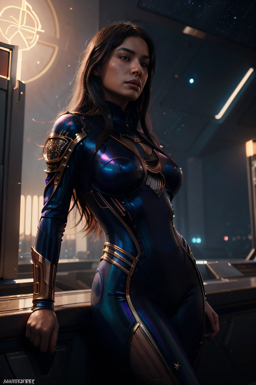 ((best quality)), ((masterpiece)), (detailed), perfect face, playful 20 year old woman, muscular and athletic body. Sensual pose. Inside a spaceship, wearing highly detailed futuristic skimpy psylocke armor