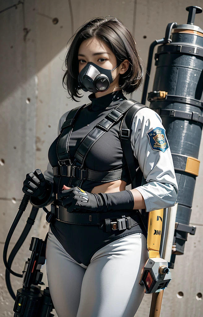 Highest image quality, outstanding details, ultra-high resolution, (realism: 1.4), ((close up:0.75)), highly condensed 1 lady, beautiful and a delicate face, perfect proportion, (chubby:0.3, small breasts), (cloths color base ratio black:0.4 white:0.5 other-color:0.1), (wearing rash-guard likes police uniform, black and gray mecha, wearing high-tech heavy gasmask, military harness, holding a machinegun, carrying hich-tech-flamethrower -tank on back), captain, background simple grey wall,