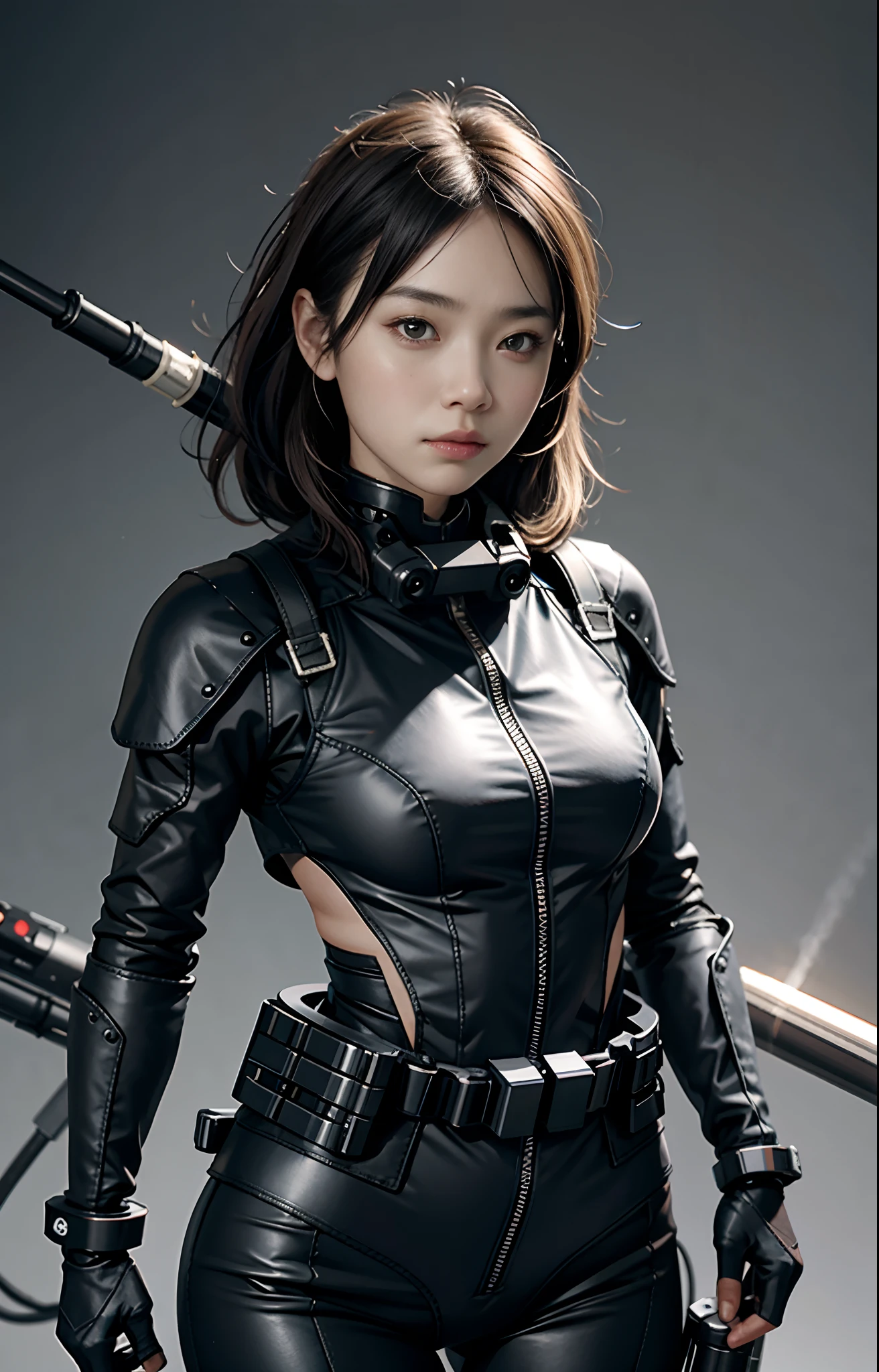 Highest image quality, outstanding details, ultra-high resolution, (realism: 1.4), ((close up:0.75)), highly condensed 1 lady, with beautiful and a delicate face, perfect proportion, aiming the viewer, ((aiming the viewer)), (chubby:0.3, small breasts), (cloths color base ratio black:0.4 white:0.5 other-color:0.1), (wearing rash-guard likes police uniform, black and gray mecha, wearing futuristic-full-face-mask, military harness, holding hich-tech-flamethrower -tank on back), background simple grey wall,