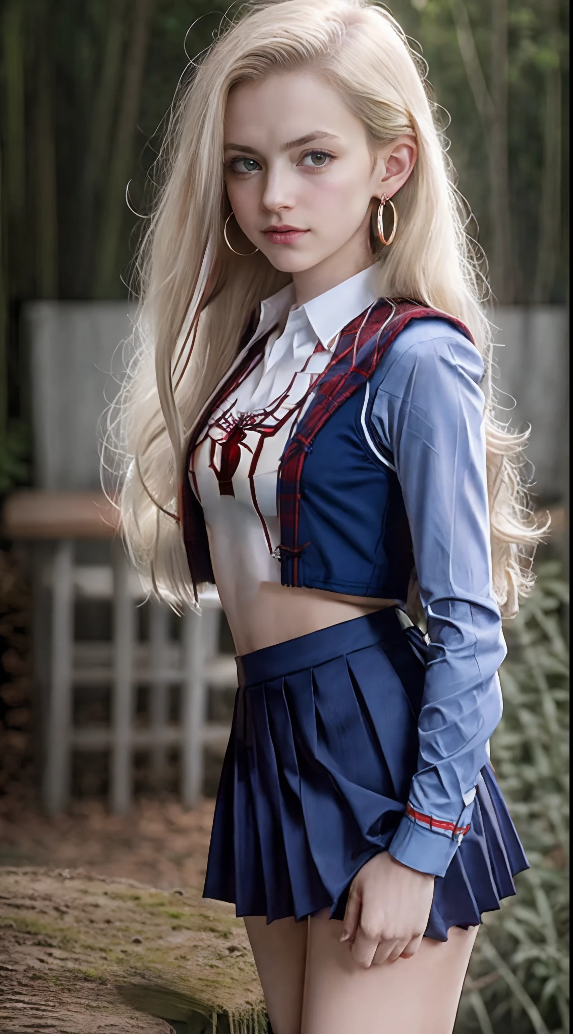 ((Peter Parker in spiderman uniform)), girl body, model body, big blue eyes, small breasts, long legs, medium hoop earrings, spiderman uniform, tiny pleated skirt, low angle shot, skin very white, long hair, wavy hair, blonde hair, school in the forest, classroom, photorealistic, indirect lighting, volumetric light, specular light, ray tracing, hyperdetailed, best quality, ultra-high resolution, HDR, 8k, focus soft mist