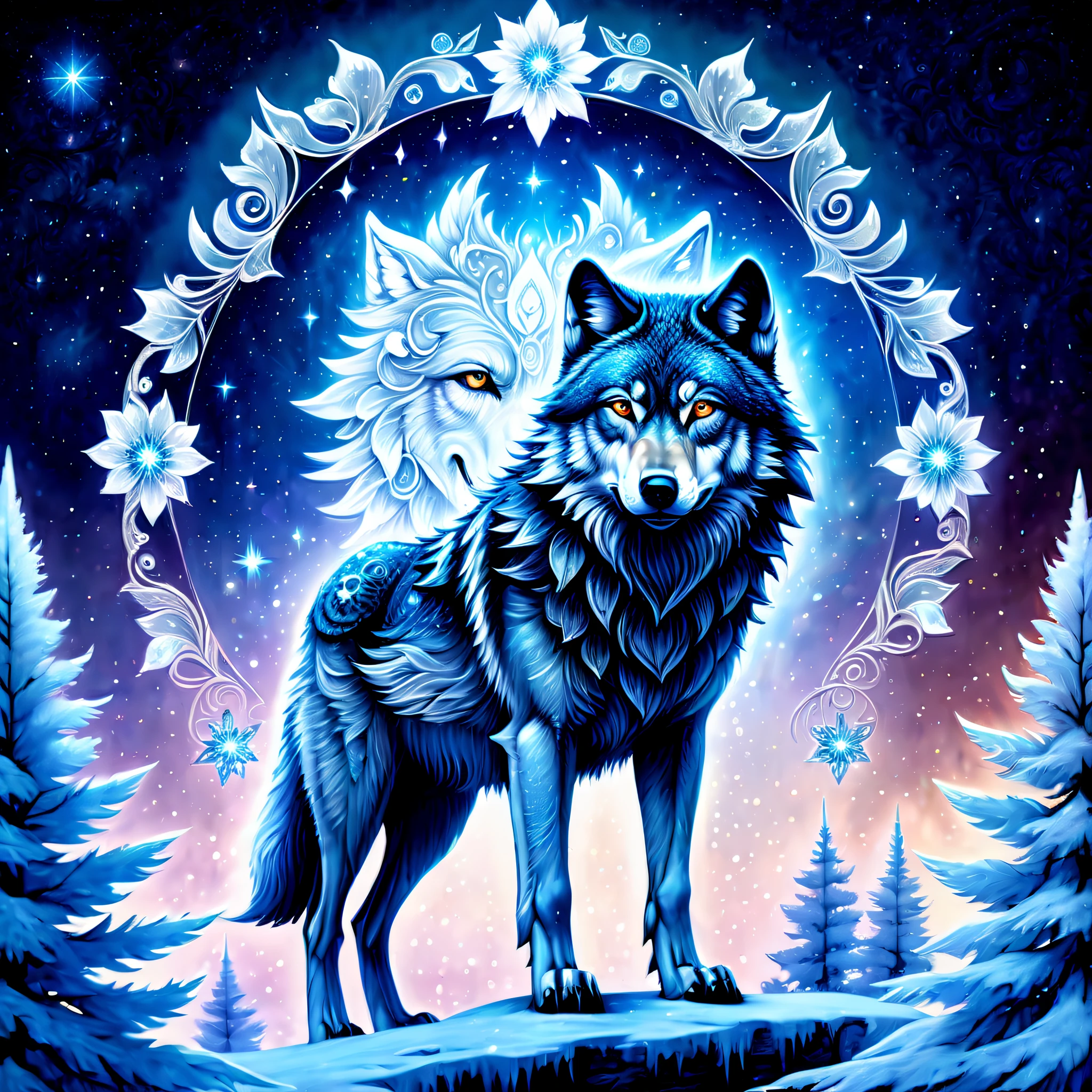 (((fused misty rime ice flowers and wolf stunning illustration:1.4))), (((exuding a nihilistic aura:1.3))), (((incredibly detailed and visually striking depiction of a mystical starry sky:1.2))), sense of divine grandeur wish, dynamic rendering style, (((touch of steampunk to the already mesmerizing landscape:1.1))), intricate details and ultra realistic textures, (((incredibly intricate and beautifully of dark fantasy details:1.3))), (subtle glow and intricate rendering bring:1.1), (((highly detailed:1.3))), (((incredibly intricate details:1.3))), (((rich colors:1.3))),